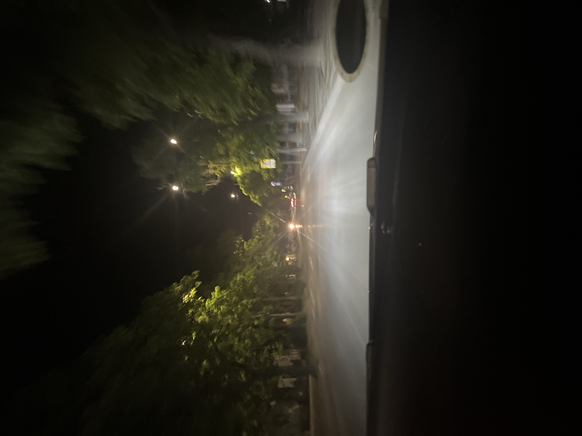 The media file displays a blurred, nighttime street scene, captured from a moving vehicle in Blagoevgrad, Bulgaria. The image is oriented vertically but depicts a horizontally stretching street.
The scene shows a road, likely wet or highly reflective, illuminated by numerous streetlights that cast bright streaks of light onto the surface. Green trees, heavily affected by motion blur, line both sides of the street, their foliage appearing luminescent from the artificial light. In the distance, multiple bright streetlights are visible, along with the distinct red taillights of another vehicle. Faint outlines of buildings or structures can be discerned behind the trees further down the road, and a blurry yellow sign is vaguely visible on the left side of the street.
The pronounced motion blur throughout the image, especially on the trees and light sources, strongly suggests the photograph was taken while the camera, presumably inside a vehicle, was in motion. The overall lighting indicates it is night, and the reflective nature of the road might suggest recent rain or damp conditions. A dark, undefined frame-like element runs along the right edge of the image, possibly part of the vehicle's interior or window. A dark, circular object is also present towards the upper right, which is indistinct but appears to be part of the foreground or vehicle.
No decipherable text is visible due to blur and distance. The atmosphere conveyed is one of movement through a quietly lit urban or suburban environment at night.