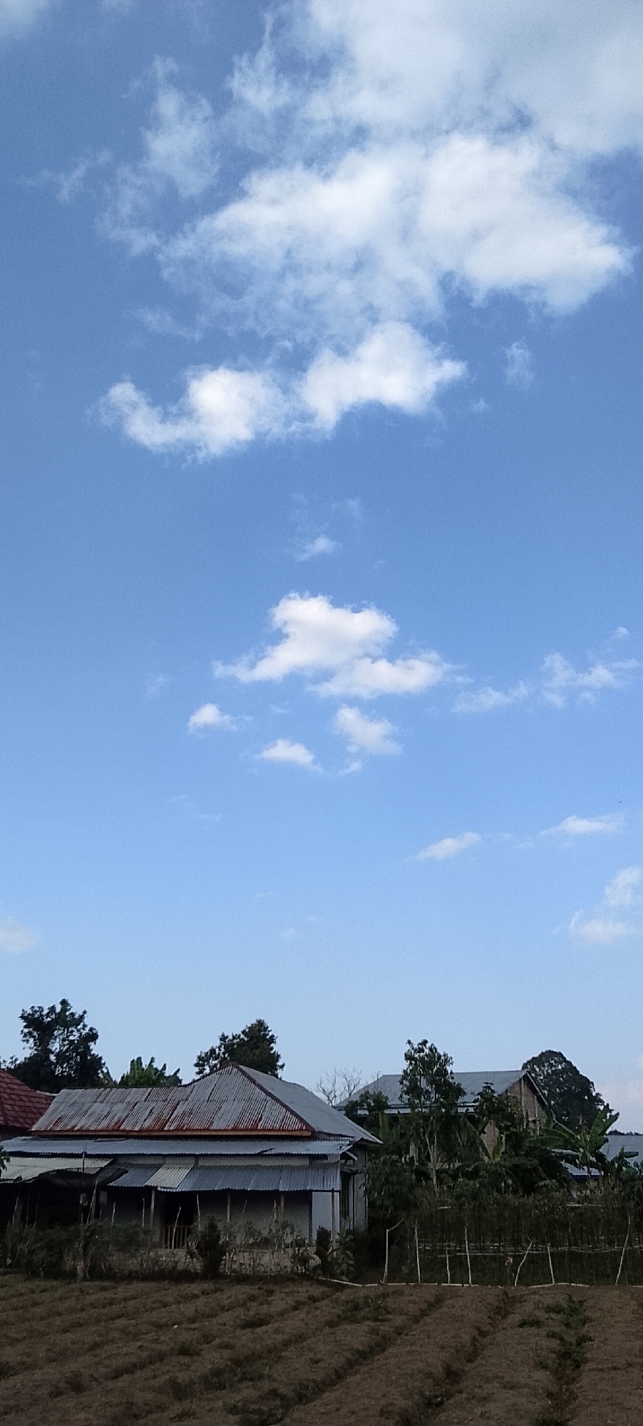 In Padang Dalom, Indonesia, an outdoor scene depicts a rural setting with a clear blue sky dotted with white clouds. The foreground shows cultivated land with rows of tilled earth. Several houses with corrugated metal roofs are visible in the middle ground, some appearing older and weathered. Trees and vegetation surround the houses and agricultural plots, creating a natural landscape. The overall impression is one of a quiet, agricultural community under a bright sky.