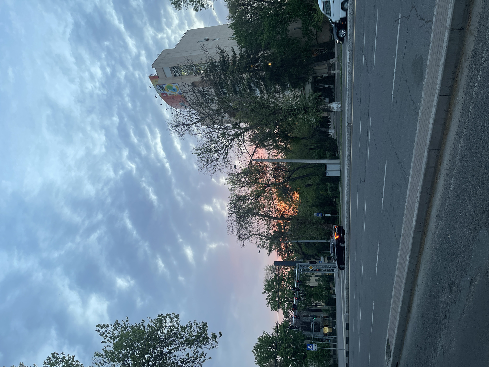 The image shows a street scene in Tashkent, Uzbekistan, likely taken in the evening or early morning during twilight. The sky is filled with striated clouds, and a pale pink glow is visible between the trees. A multi-story building with a colorful mural is visible on the left side of the image. A row of trees lines the street, partly obscuring the buildings behind them. A multi-lane road stretches into the distance, with a single black car visible on the right side. Streetlights and traffic signals are also present, along with various road signs. There are no people visible in the photograph.