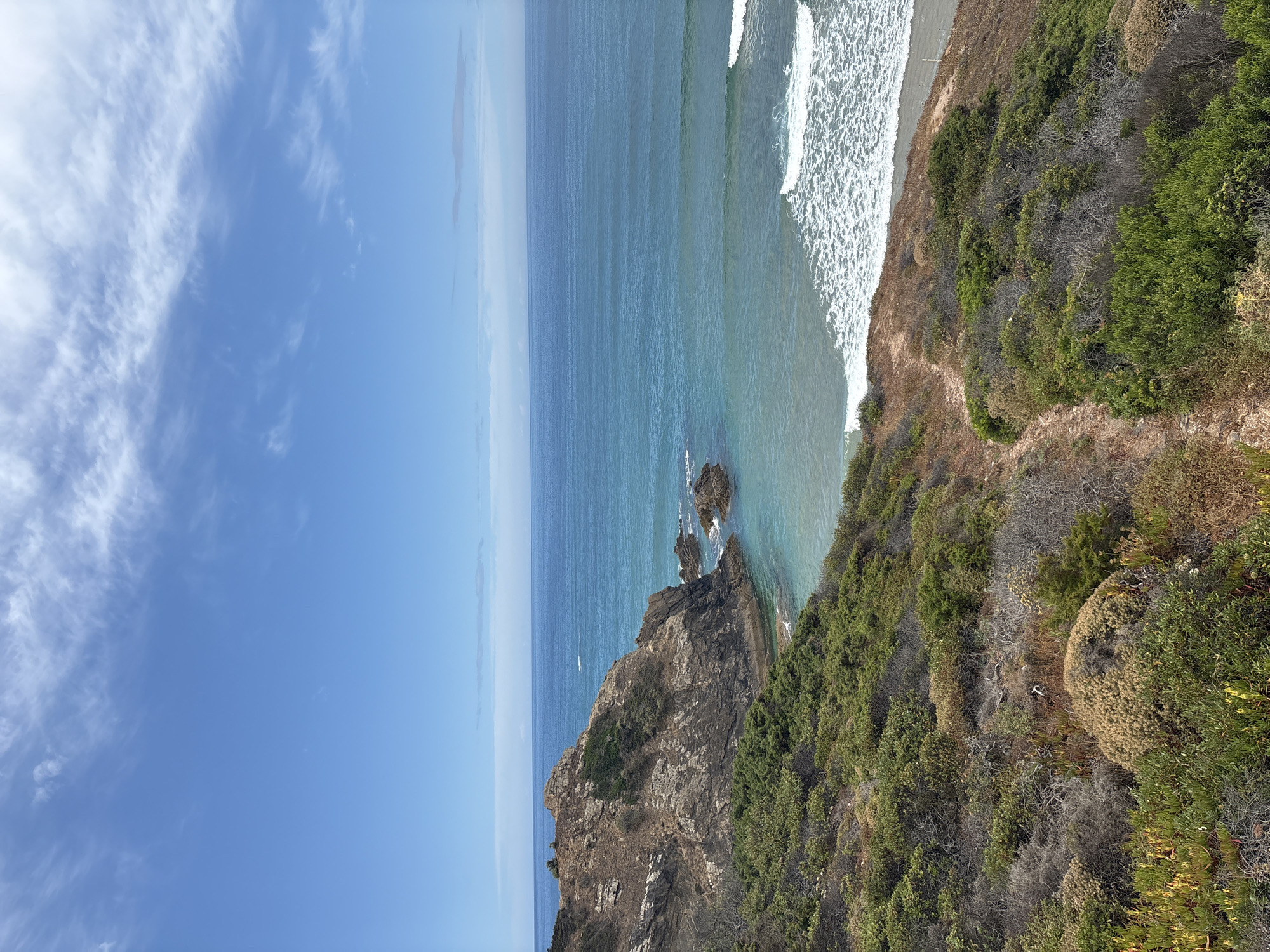 This is a high-angle, landscape, vertical shot of the Odeceixe coastline in Portugal. The image captures a dramatic view of the Atlantic Ocean meeting a rugged, vegetated cliff face. The water is a deep blue with white waves crashing near the shore, and a sandy beach is visible to the right. The cliff is covered in dense, green and brown scrub vegetation, with a dirt path winding its way along the edge. In the distance, the ocean stretches out to a hazy horizon, with a few scattered rocks emerging from the water near the cliff. The sky is a clear, bright blue with wispy white clouds on the left side. The lighting suggests it is a sunny day, likely midday or early afternoon. There is no visible text or people in the image, and the overall mood is one of natural beauty and serene isolation.