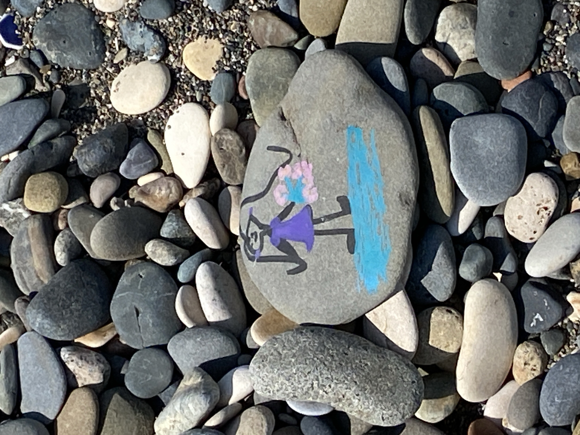 The image shows a close-up view of a collection of smooth, grey and multi-colored pebbles on a beach. One prominent pebble in the center of the frame has a simplistic drawing of a figure with a purple dress and pink and blue accents, possibly flowers, painted on it. The figure appears to be standing in blue painted water. The surrounding pebbles vary in size and shape, with some appearing wet and others dry, suggesting a beach environment. The lighting indicates it is daytime. The location of Chabkwara, Abkhazia is not discernible from the image itself.