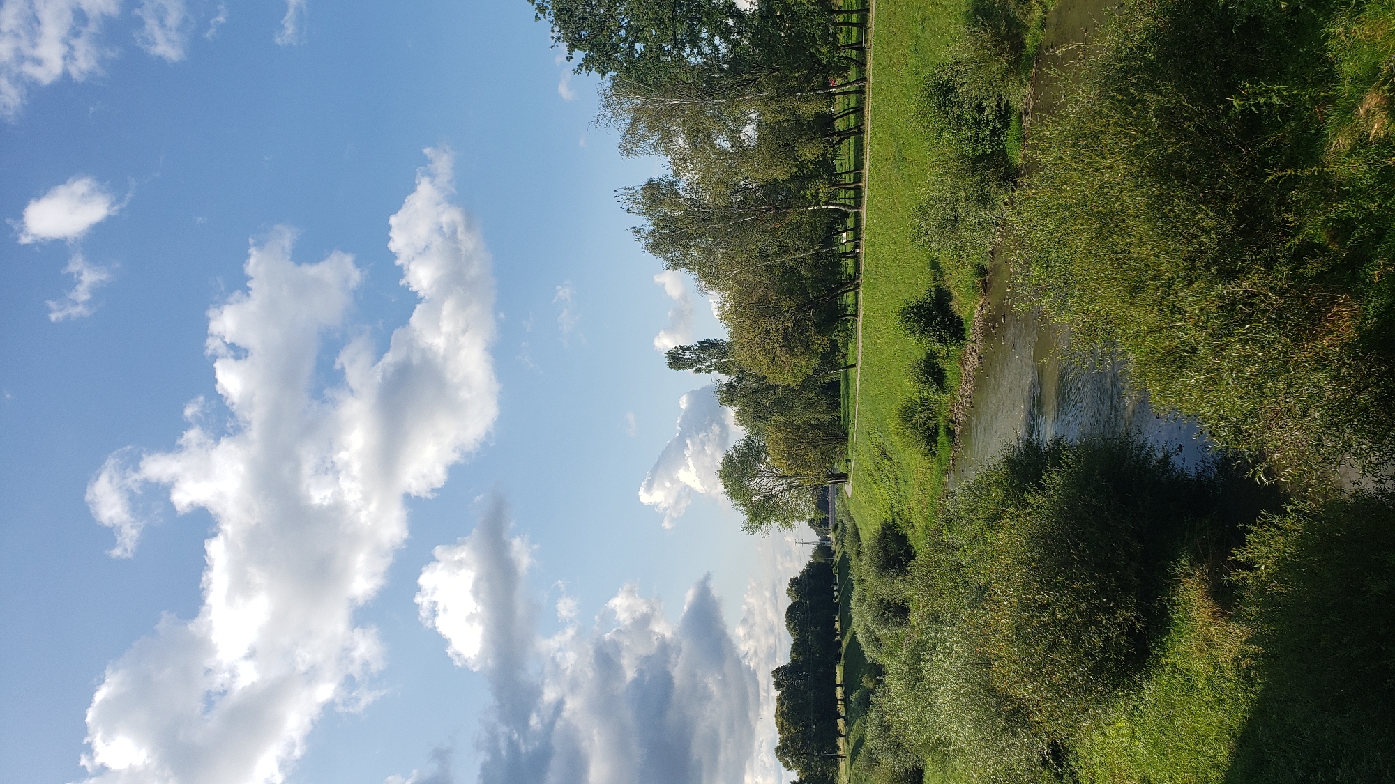 The image depicts a natural scene with a river flowing through lush greenery under a bright blue sky with scattered white clouds. The river is flanked by dense bushes and trees on both sides. In the background, a path or road runs alongside a well-maintained grassy area with a line of trees. Further in the distance, more trees and a few structures are visible. The scene appears to be a park or a natural reserve within the city of Prešov, Slovakia. There are no people or specific objects of interest in the frame. The lighting suggests it is daytime, likely late morning or early afternoon, given the angle of the sun.