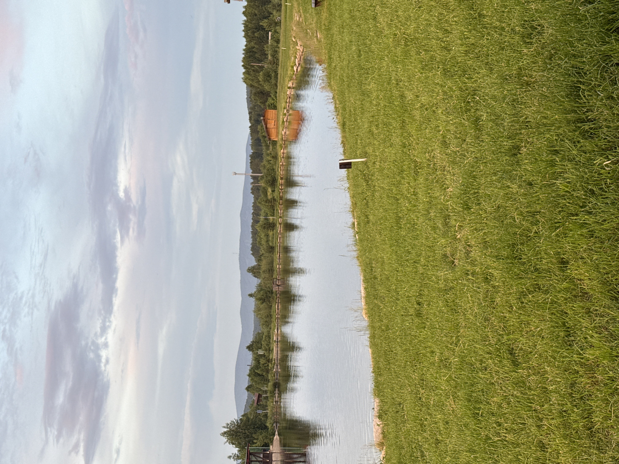 The image shows a serene natural landscape in Syrostan, Russia. In the foreground, a lush, well-maintained green lawn slopes gently towards a calm body of water. The water's surface is smooth, reflecting the overcast sky and the surrounding trees. Along the edge of the water, a rough stone border is visible, separating the lawn from the lake.
Further back, a dense line of trees forms a natural backdrop to the lake. Beyond the trees, rolling hills and mountains are faintly visible against the horizon. The sky is a soft, muted grey with hints of pink and blue, suggesting either early morning or late evening light.
On the far side of the lake, nestled among the trees, is a small, rustic wooden cabin with a red roof. The cabin's reflection is visible in the water. To the left of the cabin, a more substantial wooden structure, possibly a gazebo or shelter, is partially visible, with a red roof. Several white posts, some with small black signs attached, are scattered across the grassy area near the lake's edge. The overall impression is one of tranquility and natural beauty, characteristic of a rural setting in Syrostan. There are no people or animals visible in the image.
