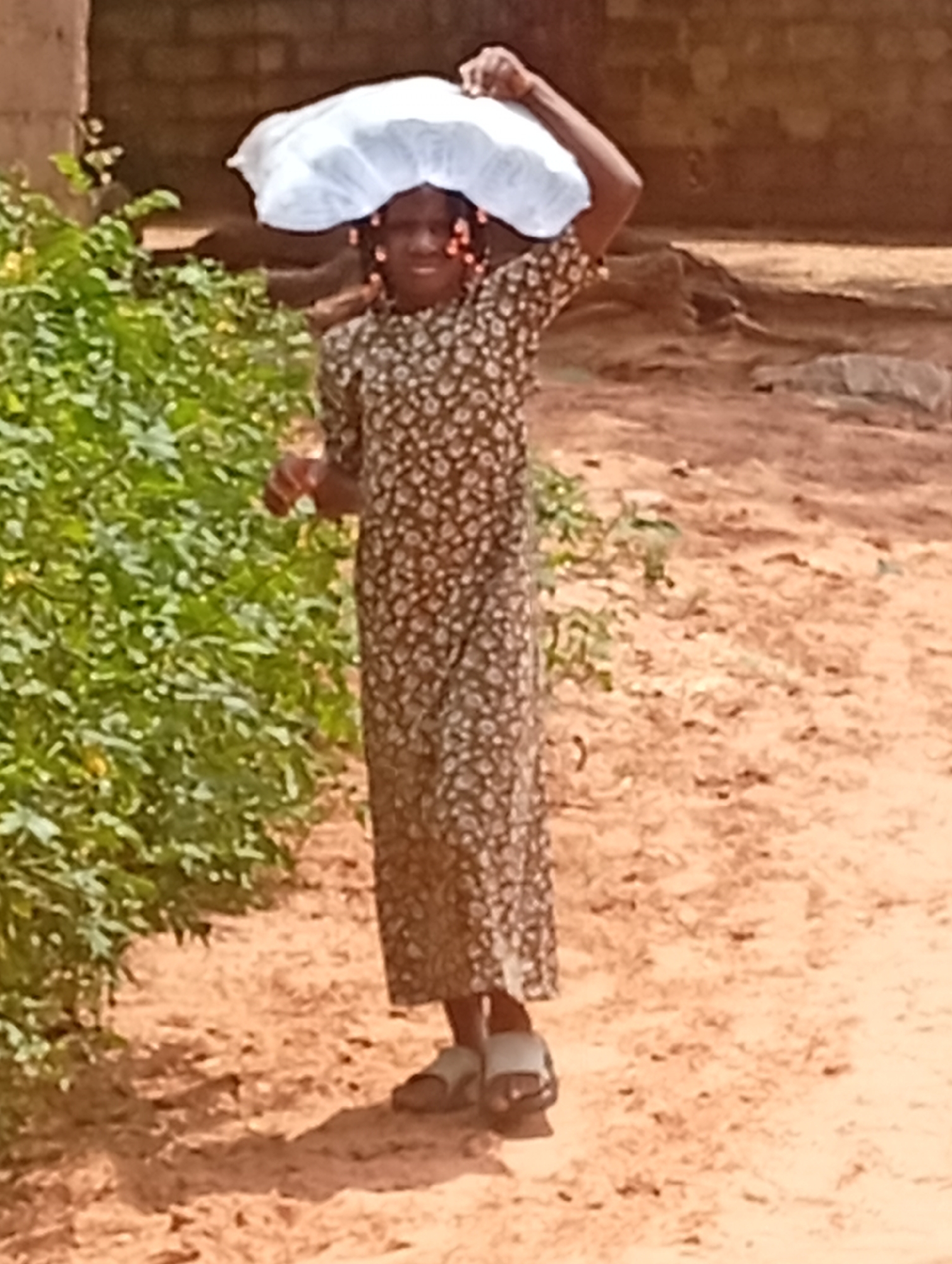 In Tumfure, Nigeria, a young person stands on a dirt path, carrying a white bundle balanced on their head. The individual wears a long-sleeved, patterned dress and simple sandals. To the left of the path, lush green foliage grows, contrasting with the dry, reddish-brown earth. In the background, a brick wall suggests the presence of a building. The lighting indicates it is daytime, with the sun casting shadows on the ground.