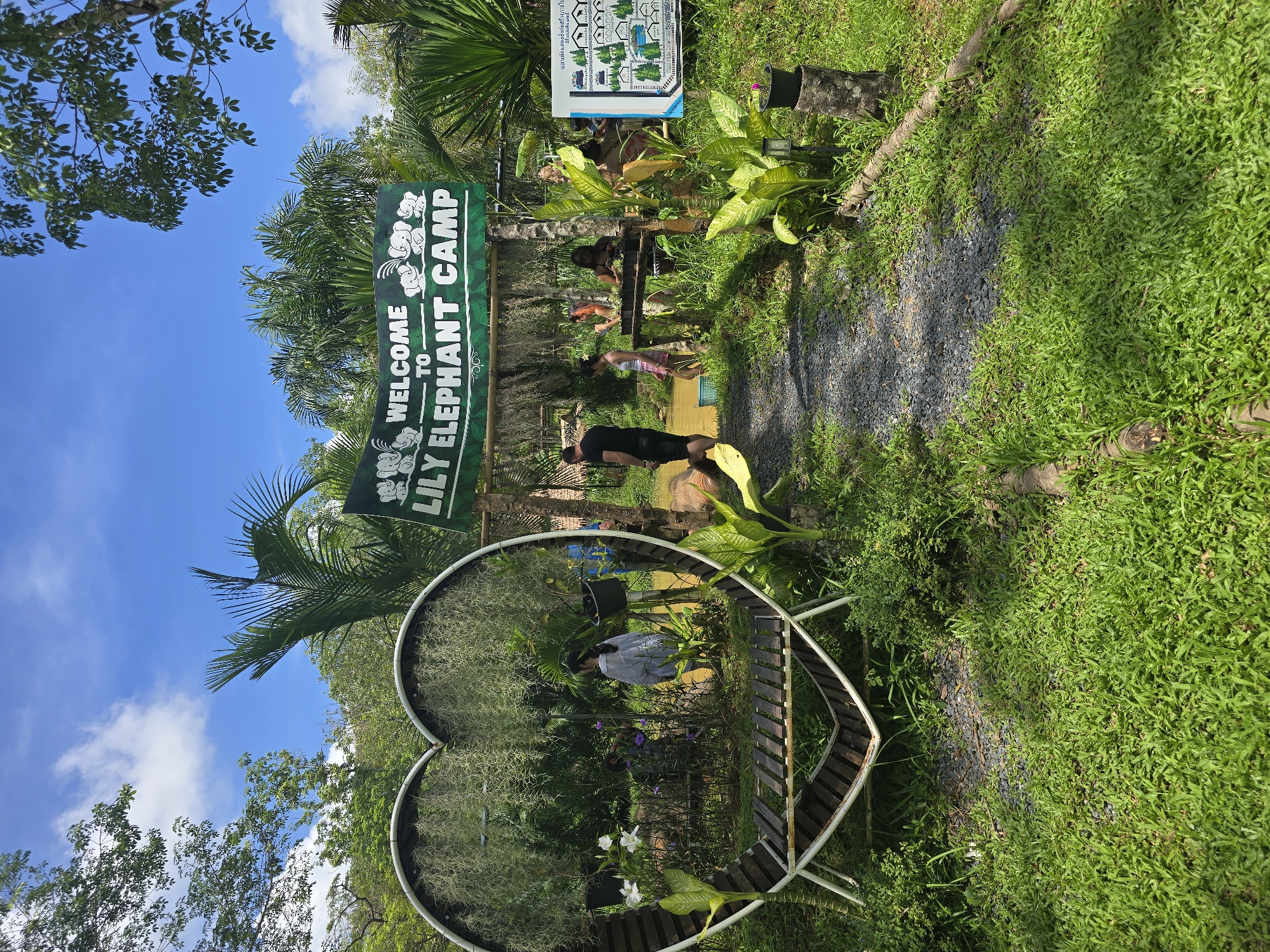 The image shows an outdoor scene with a sign reading "WELCOME TO LILY ELEPHANT CAMP," indicating this is a tourist attraction. The environment appears lush with greenery, including trees and grass, suggesting a natural setting. In the foreground, there is a heart-shaped metal structure, possibly for photo opportunities. People are walking along a path that leads into the camp, suggesting it is open for visitors. The sky is visible and is blue with some clouds.