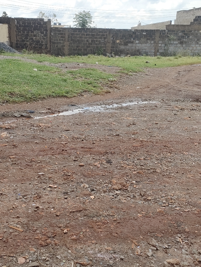 The scene depicts an outdoor undeveloped area in Juja ward, Kenya, under an overcast sky. The foreground and midground consist of a reddish-brown dirt and gravel surface, featuring a linear puddle of standing water, approximately 2-3 meters long, positioned horizontally across the mid-foreground. Scattered small stones and organic debris are present on the ground. A patch of green grass occupies the left midground. In the background, a low perimeter wall constructed of dark grey concrete blocks, reinforced with concrete pillars, extends horizontally. Behind this wall, on the left, a pile of grey construction aggregate is visible next to a light-colored structure. Further right, a small tree with light green leaves and several distant light-colored concrete buildings are observed, one featuring a white rooftop water tank. Overhead utility lines are faintly visible against the cloudy sky. No individuals or animals are present.