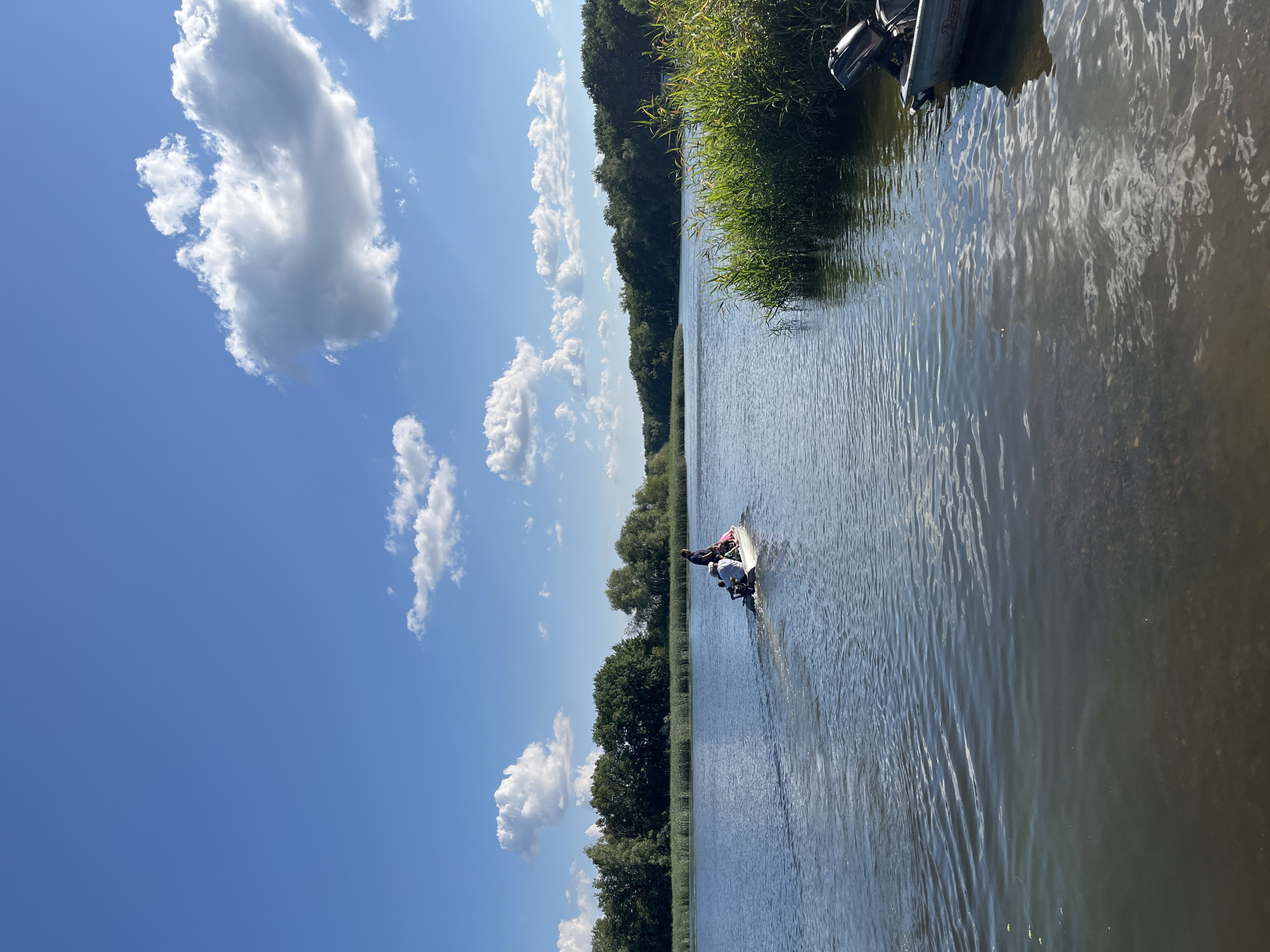 In Saratov, Russia, on a bright, sunny day, a small motorboat navigates a calm river. The boat is occupied by at least three individuals. The water is clear and reflects the blue sky, dotted with fluffy white clouds. Lush green trees line the riverbanks, interspersed with tall reeds on the right side of the frame. In the foreground, a portion of another boat, equipped with an outboard motor, is visible resting near the shore. The overall scene depicts a serene day on the water, surrounded by natural beauty.