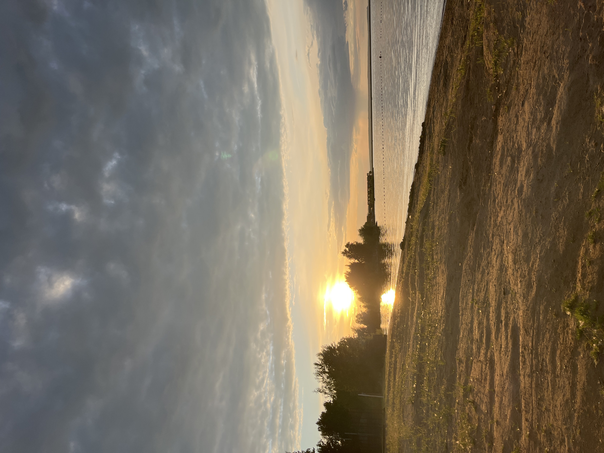 The image shows a sunset over a body of water, possibly a lake or river, with a sandy shore in the foreground. The sun, a bright orb, is low on the horizon, casting a warm golden light across the scene. It is reflected in the water, creating a shimmering path of light. Tall trees line the far bank of the water, silhouetted against the vibrant sky. The sky is a mix of dark, dramatic clouds on the left and lighter, brighter clouds tinged with yellow and orange on the right, where the sun is setting. The sandy shore in the foreground has patches of sparse green grass growing on it. The overall mood is serene and peaceful, suggesting a tranquil evening. The orientation of the image is landscape, but the content is presented vertically. There is no visible text in the image.