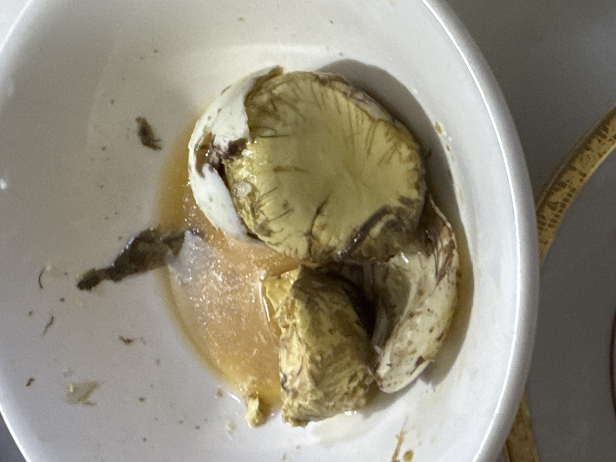 This close-up image features a partially consumed balut, a fertilized avian egg embryo, served in a white ceramic bowl. The egg's shell has been cracked, revealing the developed embryo, which displays visible structural elements, possibly feathers or skeletal formations, alongside a yellowish-brown broth and yolk. Parts of the embryo are submerged in the liquid, while others are exposed, showing a complex, textured appearance.
The interior of the bowl contains some scattered specks and dark detritus, likely remnants from the balut or its preparation. The background is softly blurred, suggesting an indoor setting such as a kitchen or dining area. A small portion of a patterned surface, potentially a placemat or another dish, is visible on the right edge of the frame. The image captures the balut either in the midst of being eaten or immediately after consumption. No individuals are visible, and there is no text present. This culinary item is a popular street food, especially in the Philippines, including Davao City.