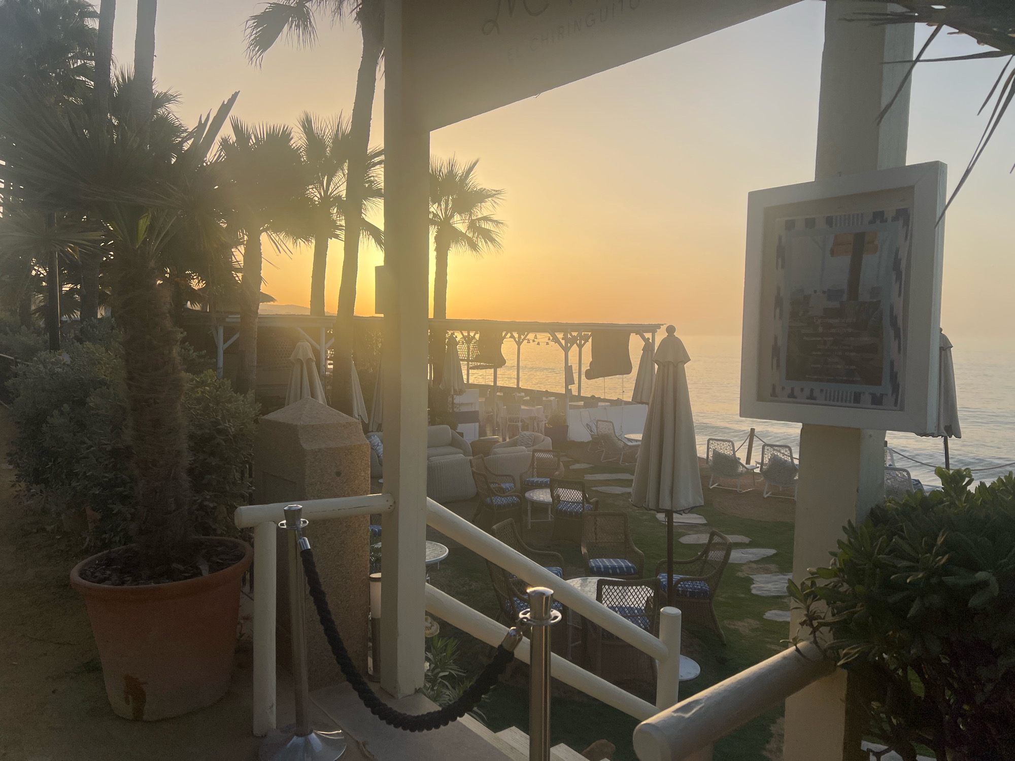 The image depicts an outdoor seating area by the sea at sunrise or sunset. Palm trees are visible on the left, with their fronds silhouetted against the warm, hazy sky. In the foreground, there is a large terracotta planter. A white railing with a black rope barrier leads down a set of stairs. Beyond the stairs, a grassy area is furnished with several tables and chairs, many featuring blue and white patterned cushions. White umbrellas are set up to provide shade. In the background, the calm sea stretches to the horizon, with a hazy glow from the sun illuminating the water. A white structure, likely part of a beachside establishment, is visible along the coastline. A framed sign or artwork is mounted on a pillar. The overall scene suggests a relaxed atmosphere at a beachfront restaurant or lounge in Marbella, Spain.