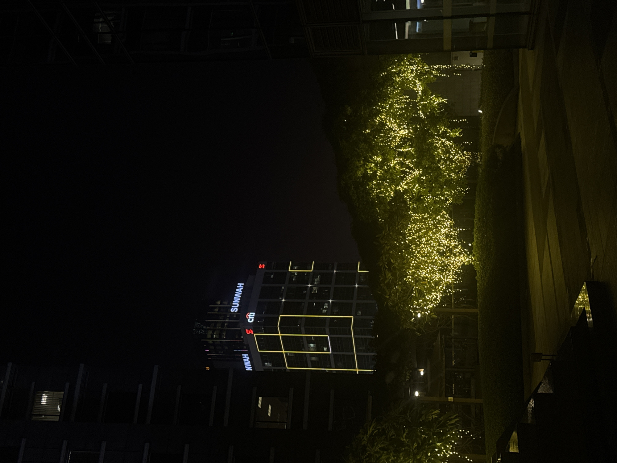 A nighttime exterior shot of a modern city area in Thủ Đức, Vietnam, features a tall, illuminated skyscraper adorned with yellow-outlined squares. The skyscraper has the words "NWAH" and "SUNWAH" illuminated in red and white lettering, and the Citi logo in red. In the foreground, a densely foliated tree is heavily decorated with numerous small, bright yellow lights, creating a shimmering effect. The ground appears wet, suggesting recent rain, and a paved pathway is visible. To the left and right of the frame are dark, imposing buildings, partially obscuring the sky, which is completely black. The overall scene is one of urban nighttime ambiance, with artificial lighting dominating the composition.