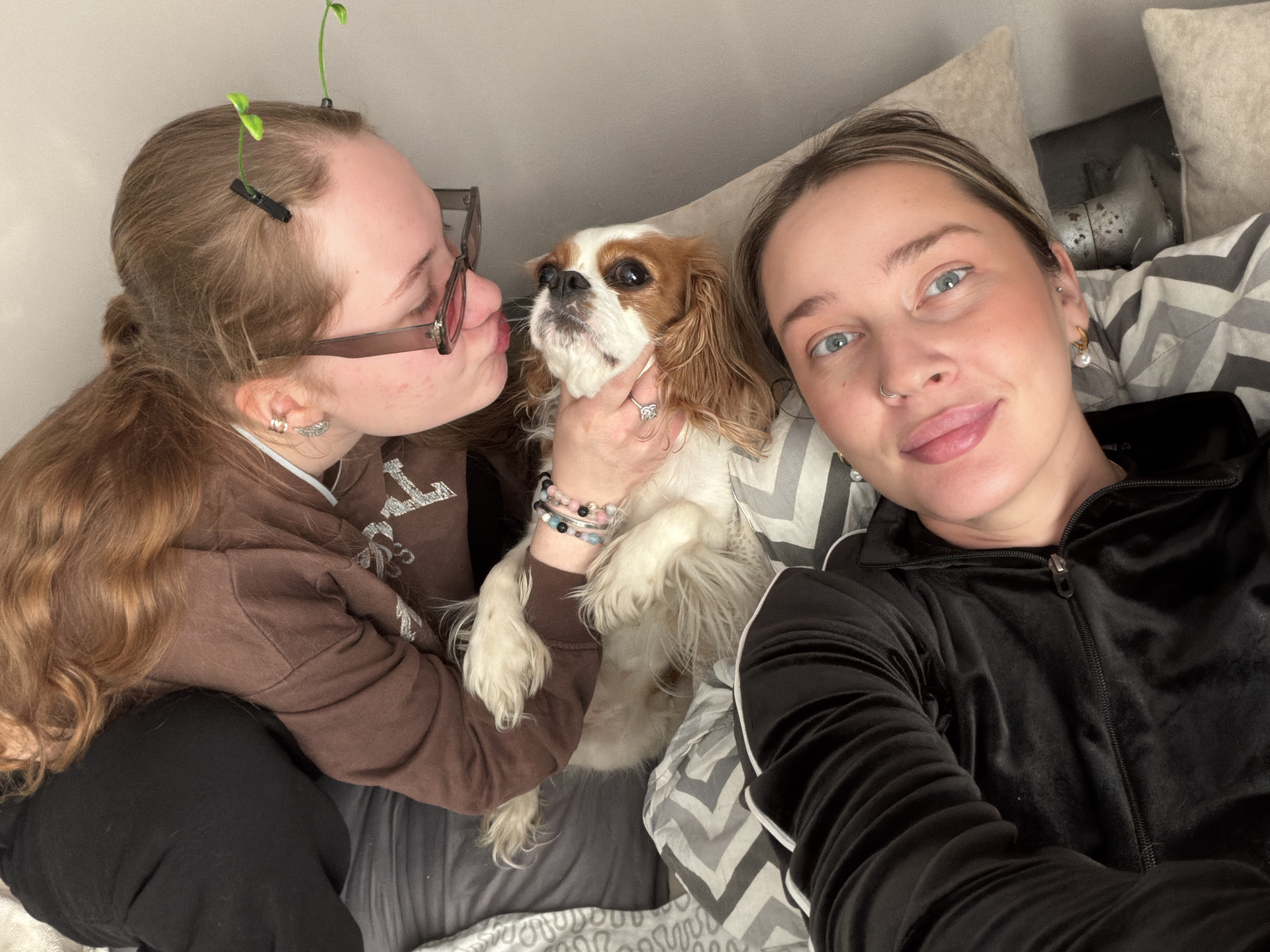 Two women are lying on a bed with a small Cavalier King Charles Spaniel dog. The woman on the left is fair-skinned with reddish-brown hair pulled back. She's wearing eyeglasses and a brown sweatshirt. She's attempting to kiss the dog. The dog is cream and brown with long, floppy ears. It's being held up by the woman on the left. The woman on the right has fair skin, blonde hair pulled back. She is wearing a black track suit. The bed has a chevron-patterned grey and white duvet. Two pillows are visible at the top of the frame, one grey and one beige. The location is unknown.