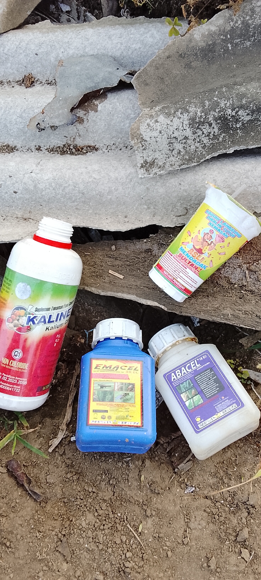 Four containers of agricultural chemicals are arranged on the ground in what appears to be an outdoor, possibly rural, setting. The ground is covered with soil and small debris. Behind the containers, there are broken pieces of what looks like a corrugated roof or similar material, gray and weathered. In the background, there is dry vegetation and some green shoots.
The containers are as follows:
* A large white bottle with a red ring around the neck, labeled "KALINE" with an image of vegetables and the text "NON CHLORIDE". The label also includes what appears to be a date "02.02.2023 2058" and a registration number.
* A blue rectangular plastic bottle with a white cap, labeled "EMACEL 30 EC". This label has images of plants and insects.
* A white plastic bottle with a white cap, labeled "ABACEL 18 EC INSEKTISIDA". This label also features images of plants.
* A yellow and white tube-shaped container with a straw, tilted and resting on its side, with colorful graphics and text including "SULTAN!!". The text "KADIK LANGSUNG DIRALIK TURUP KEMASAN" is visible at the top.
The scene is lit by natural light, casting subtle shadows. There are no people or animals visible in the image. The overall impression is one of discarded or stored agricultural products in a somewhat neglected environment.