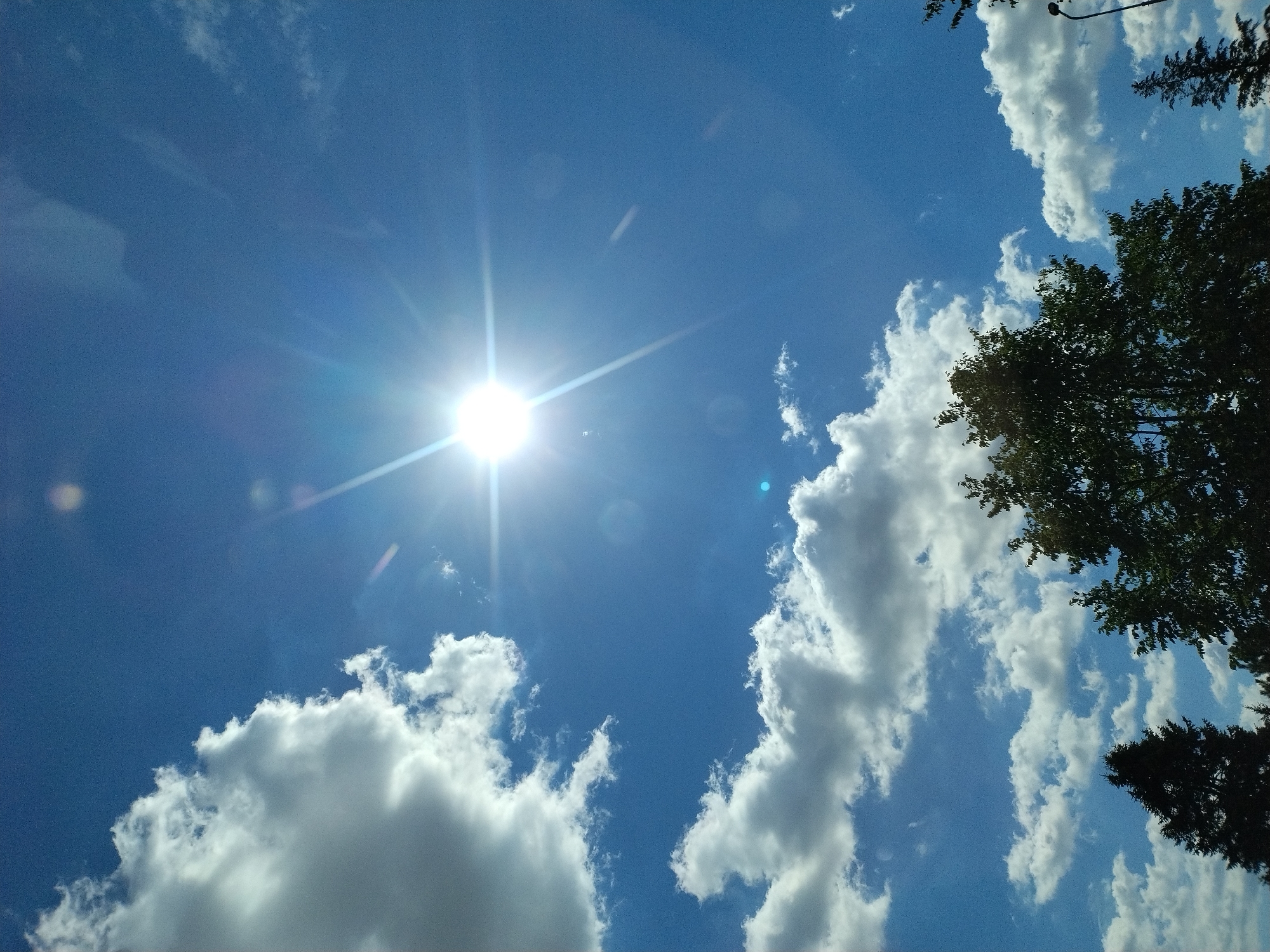 The image captures a clear, bright blue sky with scattered white cumulus clouds. The sun is prominently visible, slightly off-center, casting a bright glare and visible sunbeams. In the lower portion of the image, the dark silhouettes of trees are visible against the sky. The overall scene suggests a sunny day. Without further context or identifying markers, it is not possible to determine the specific location within Strakonice, Czechia.