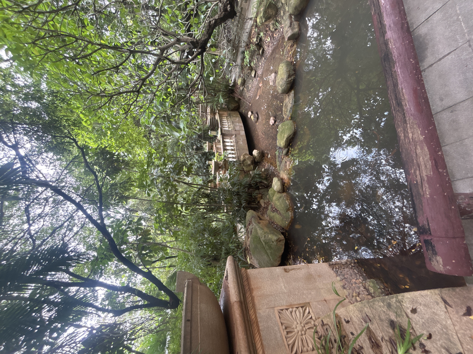 The image depicts a tranquil garden scene in Nanhai District, China, featuring a pond, a bridge, and lush vegetation. In the foreground, a portion of a stone planter and a wooden railing are visible. The pond, with its dark, reflective water, is edged with rocks and fallen leaves. A charming stone bridge, adorned with ornate balustrades and decorative urns, spans across a section of the water. Behind the bridge, a staircase ascends amidst dense greenery, including bamboo stalks and various trees with spreading branches. The overall ambiance is one of serenity and natural beauty, with the overcast sky suggesting a peaceful, possibly humid, day. There are no people or animals visible in the frame.