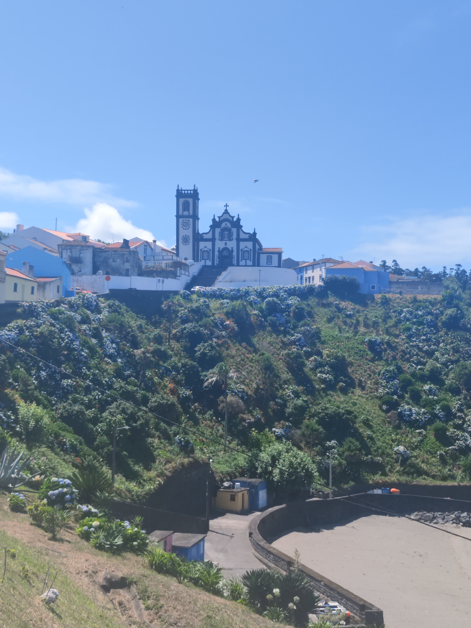 The image shows a coastal town in Ribeira Grande, Portugal, on a clear, sunny day. A prominent white church with dark blue accents and a tall bell tower stands on a hilltop, overlooking the town and the sea. The church features an ornate facade with a cross at its apex. The town itself is characterized by a mix of brightly colored buildings, including a vibrant blue house, and more traditional white and orange-roofed structures. The hillside leading up to the town is densely covered in lush green vegetation, with numerous blooming blue and white hydrangeas creating a vibrant display.
Below the town and the hillside, a sandy beach is visible, bordered by a curved stone wall. A few small, brightly colored sheds are situated near the beach. The sea is not directly visible, but the presence of the beach implies its proximity. The overall scene is peaceful and picturesque, showcasing the architectural beauty of the town and the natural splendor of the surrounding landscape.