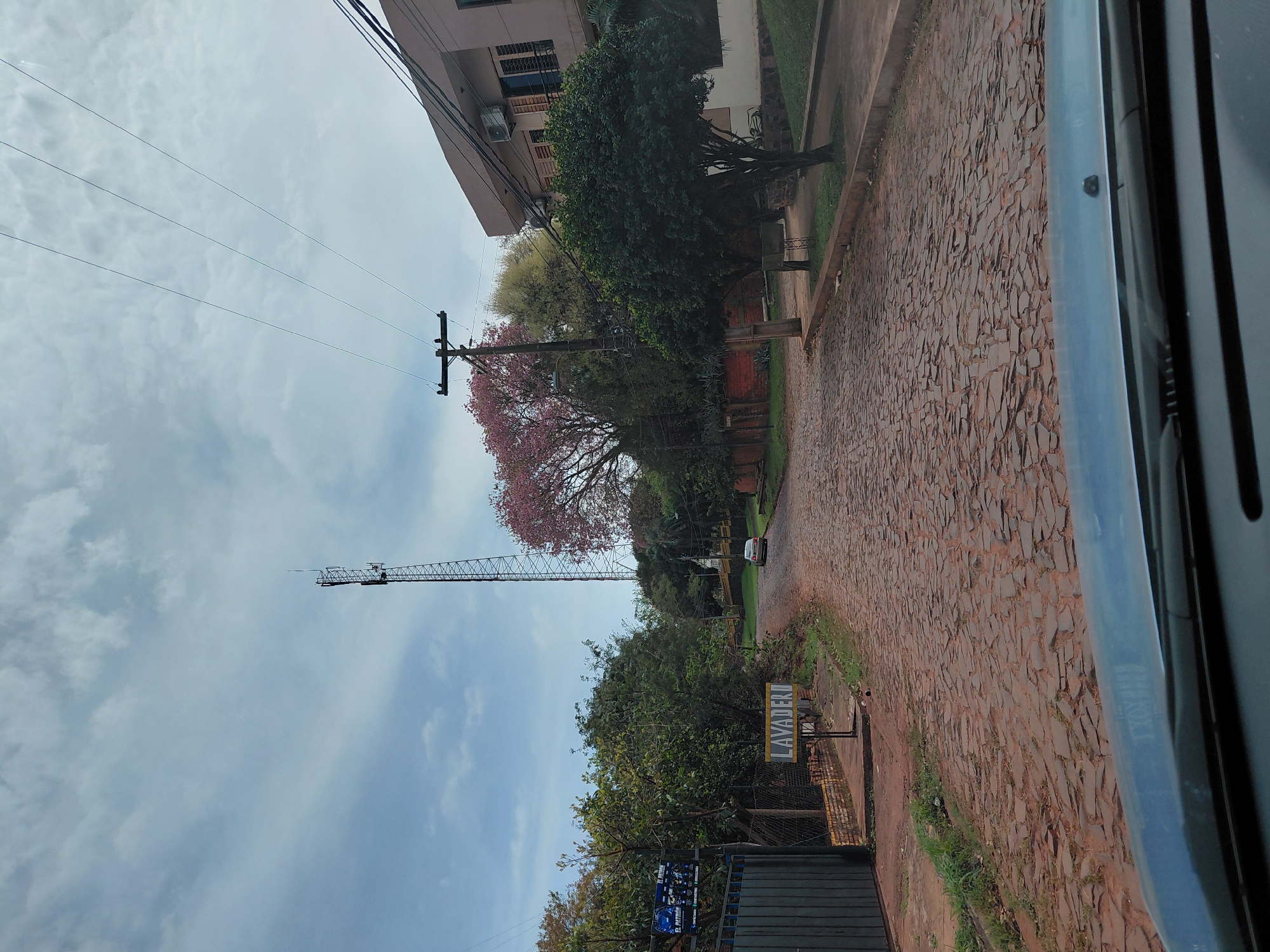 The image captures a view from a vehicle looking down a cobblestone street in Encarnación, Paraguay. On the left side of the street, there's a dark metal gate, a brick wall, and a sign with the word "LAVADERO" (laundry) in yellow lettering. Beyond that, lush green trees and foliage line the street, with a tall cell tower visible in the distance. A pink flowering tree stands out among the greenery. To the right, a light-colored building with windows and an air conditioning unit is visible, alongside more trees and a sidewalk. The sky is overcast with scattered clouds. A white car is parked on the right side of the road further down. The road surface is uneven and constructed from irregularly shaped stones.