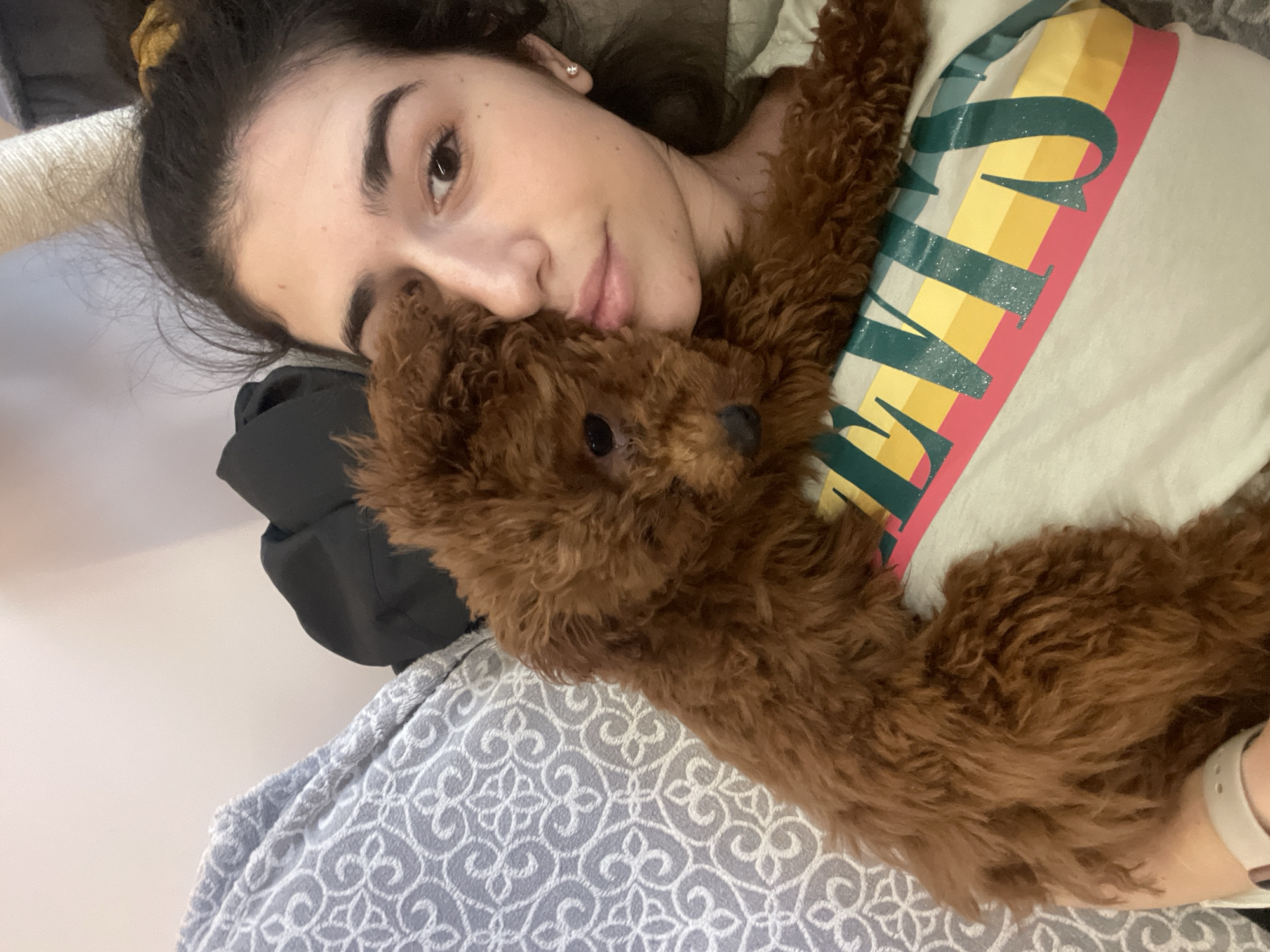A young woman lies on a patterned gray blanket with a brown, curly-haired puppy resting on her chest. The woman has dark hair pulled back with a scrunchie, and she wears a white t-shirt with colorful stripes. Her left cheek rests near the puppy's head. A black object is positioned near her head on the blanket. The setting appears to be indoors. This scene is not necessarily located in Sofia, Bulgaria.