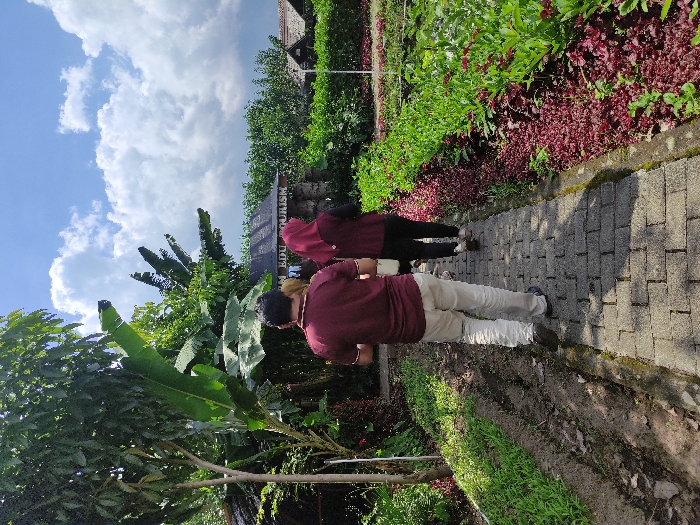 The scene is a brick pathway in a garden setting in Kecamatan Pujon, Indonesia. Two people, a man and a woman, are walking on the pathway in the direction of a building in the distance. The man is wearing a maroon shirt, beige pants, and dark shoes. The woman is wearing a long maroon hijab and a dark skirt. The brick pathway is lined with lush vegetation, including green foliage and bright red flowers. The sky is partially cloudy with a bright blue hue. A sign above the building reads "EDU TOURISM." The building appears to be constructed of stone and wood. The environment is lush, green, and well-maintained.