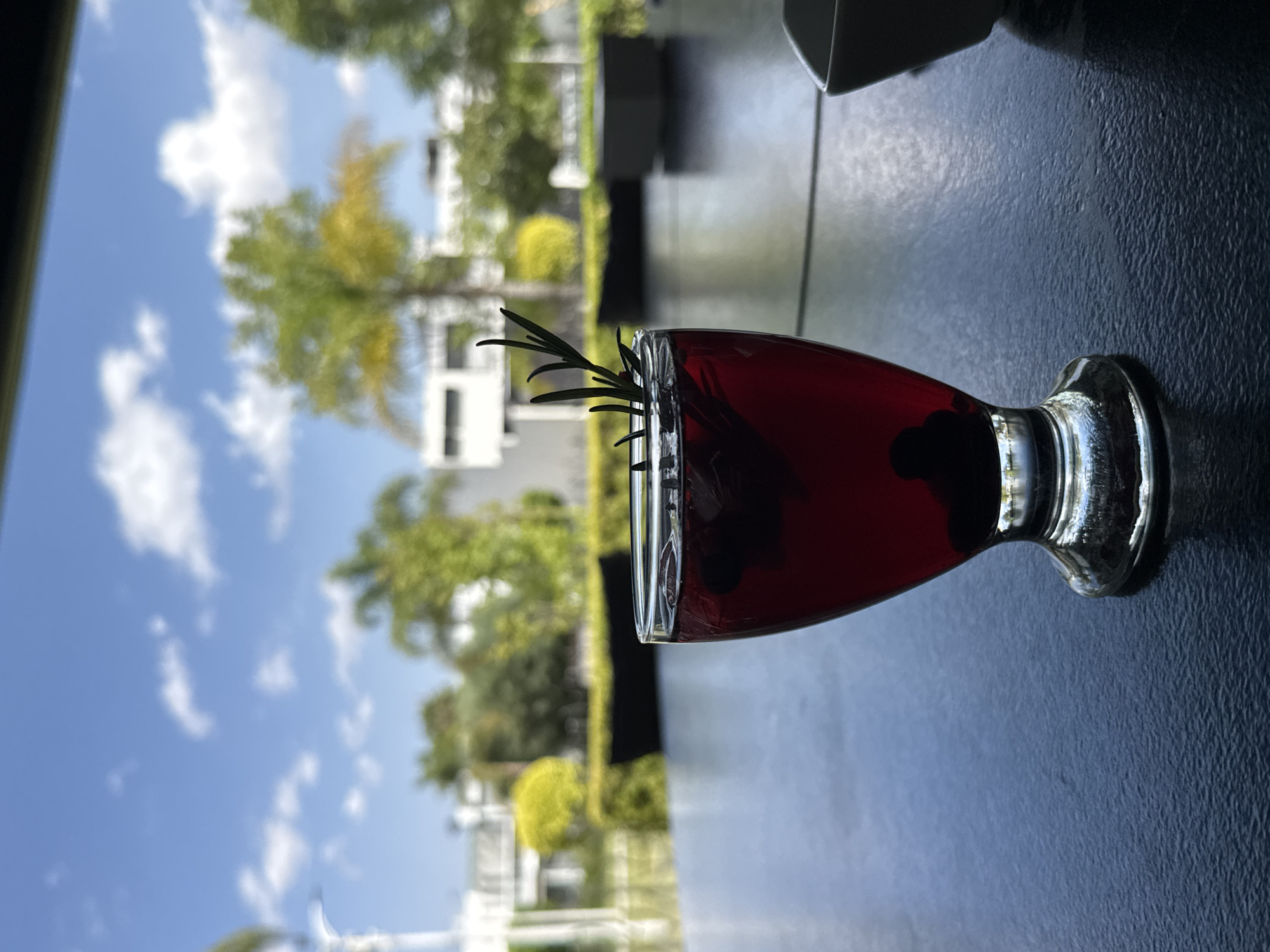 A glass of red liquid, possibly wine or juice, sits on a dark, textured surface. A sprig of rosemary is placed in the drink. The background shows an out-of-focus exterior view, including trees, a white building, and a blue sky with clouds. The location is likely San Bernardino Tlaxcalancingo, Mexico, based on the prompt. The scene is still and appears to be taken indoors looking out. There are no people visible in the image.