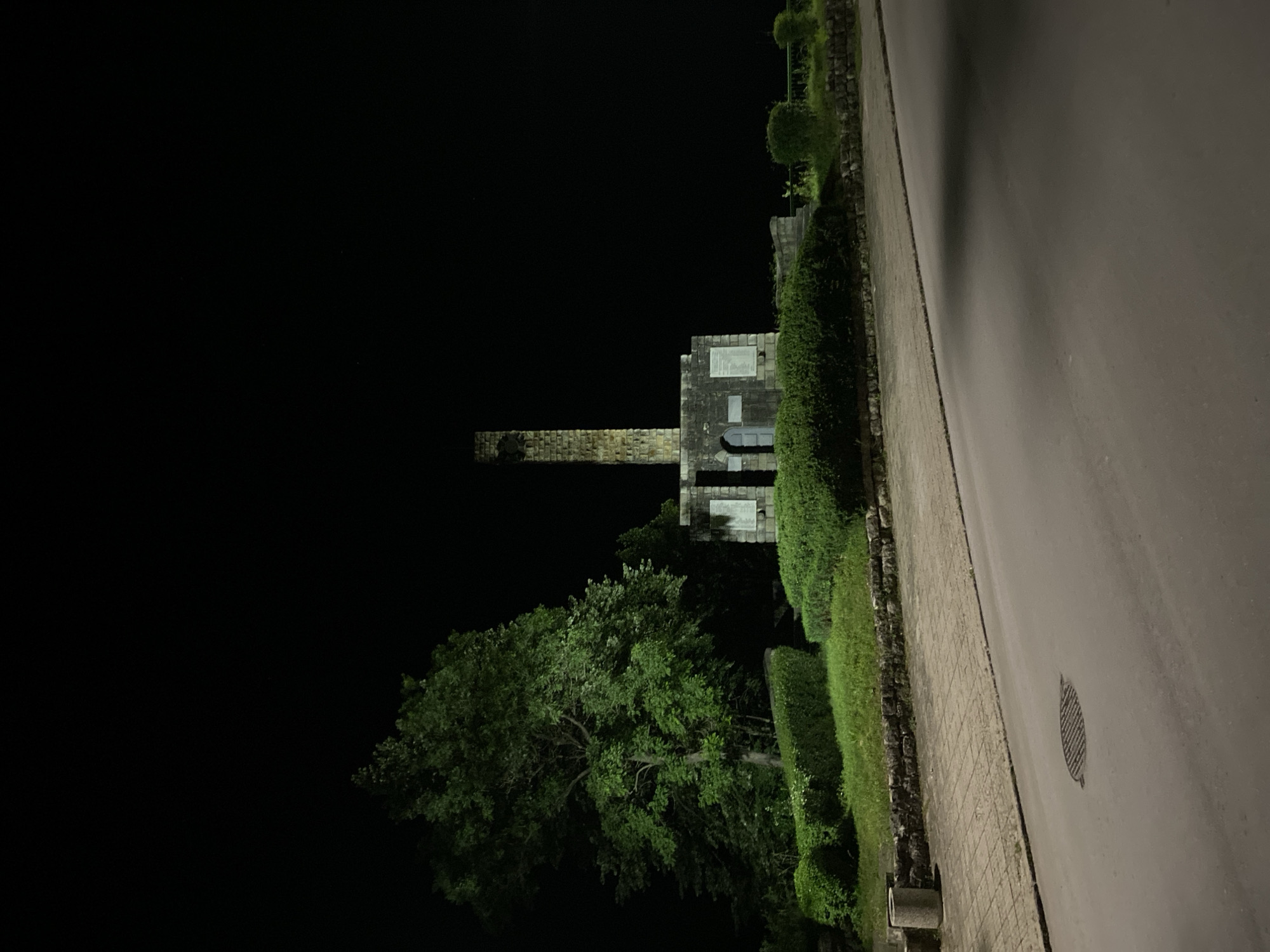 The image depicts a monument at night in Smolyan, Bulgaria. The monument is made of stone and features a tall, slender tower atop a rectangular base. The base has an arched entrance and two plaques on its sides. The monument is surrounded by manicured bushes and grass, with a stone retaining wall separating it from a paved walkway. A street is visible in the foreground, with a manhole cover in the asphalt. A large tree stands to the left of the monument. The sky is dark and clear.