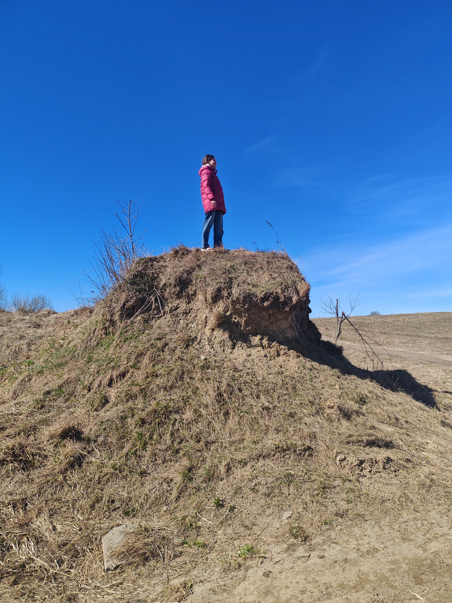A person stands atop a small earthen hill, possibly a tumulus, under a clear blue sky with a few faint clouds in the distance. The person is wearing a pink jacket and jeans. The hill is covered in dry grass and soil, with some bare branches and vegetation near the top. The landscape surrounding the hill appears to be a field or open area with sparse vegetation and a visible dirt path. There are no other people or structures visible in the image. There is no information in the image indicating that this location is Tokkari, Russia.