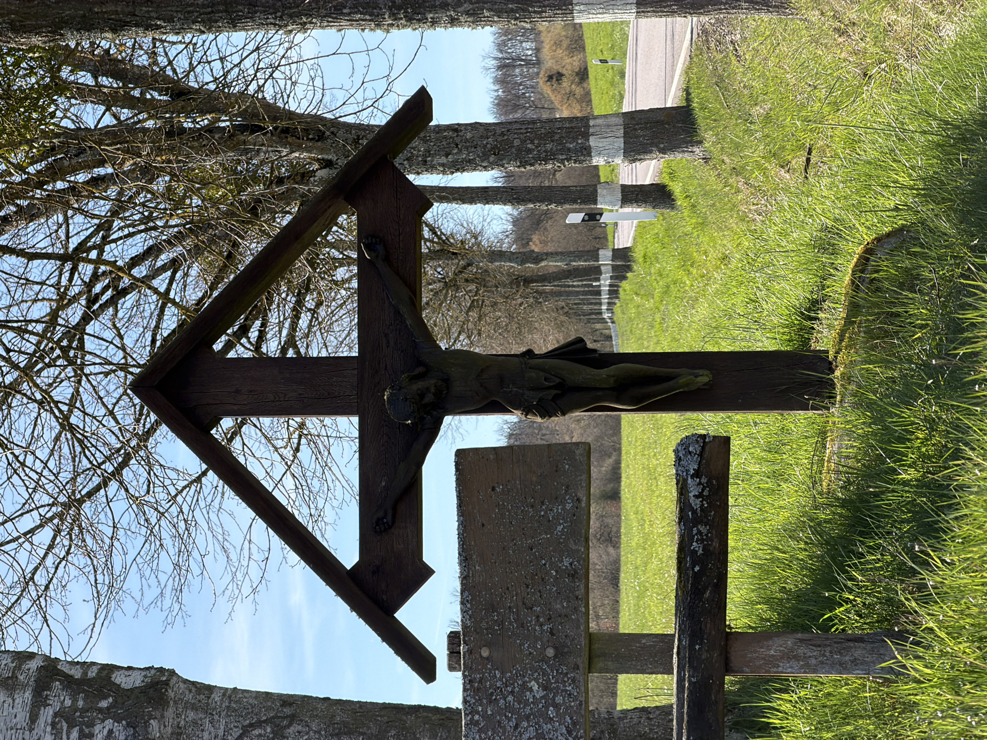 The image depicts a roadside shrine in Junglinster, Luxembourg. The shrine consists of a wooden cross with a figure of Jesus Christ affixed to it. A small, partially decayed wooden fence surrounds the cross. Behind the shrine, there is a grassy field and a row of trees lining a road. The sky is visible through the branches of the trees. The scene appears to be taken during the daytime, with clear lighting conditions.
