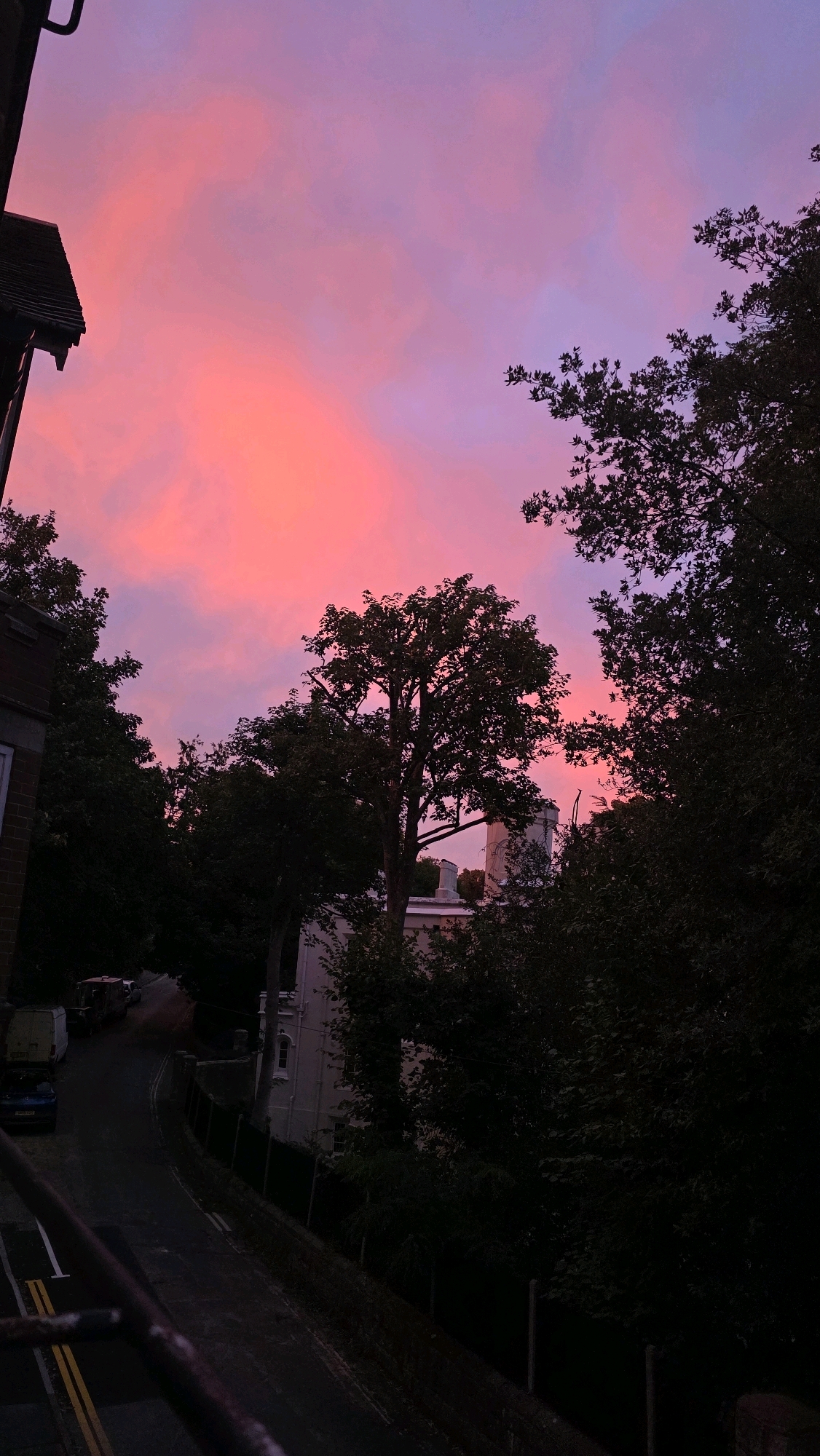 The image depicts a street scene in St Leonards, United Kingdom, at dusk. The sky is a vibrant gradient of pink and purple clouds. In the foreground, a dark metal railing is visible. To the left, the corner of a brick building with a dark roof is present. A winding road descends into the scene, with a few parked vehicles including a blue car and at least two white vans. Dark trees line the right side of the road, obscuring much of the background. A white building with visible windows is situated behind the trees on the right. The overall impression is a quiet, residential street bathed in the soft light of sunset.