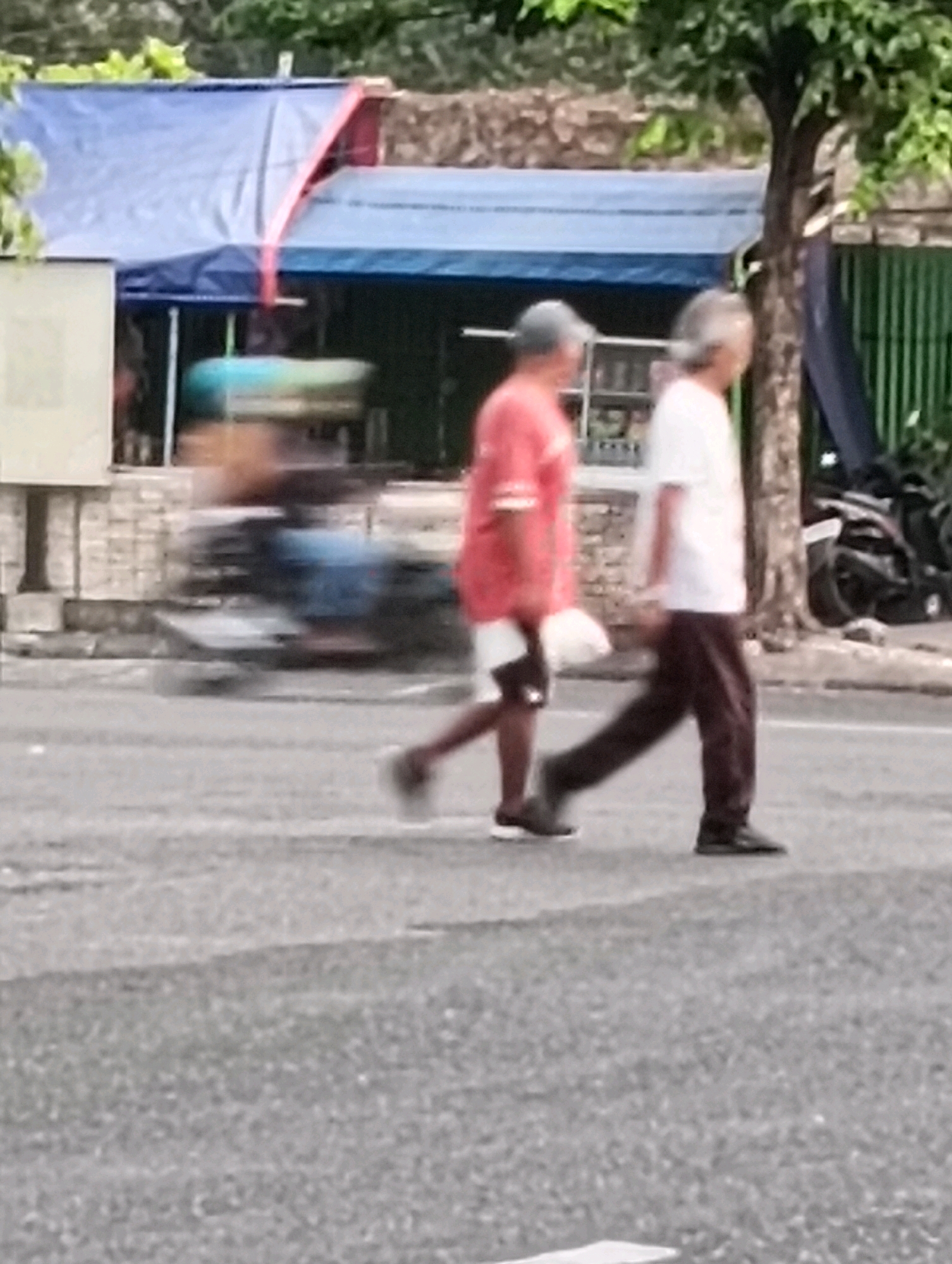 In Purworejo, Indonesia, two individuals are captured in motion, walking across a paved road. The person on the left wears a red t-shirt and dark shorts, while the person on the right is dressed in a white t-shirt and dark trousers. A blurred vehicle, possibly a motorcycle with a blue seat, is visible in the background, suggesting a busy street environment. Behind the road, a blue tarp stretches over a structure, partially obscuring a stone wall and a fence. A tree with lush green foliage stands to the right of the frame, adding a natural element to the urban scene. The lighting suggests it is daytime, with shadows cast on the road. The overall impression is one of everyday activity on a street in Purworejo.