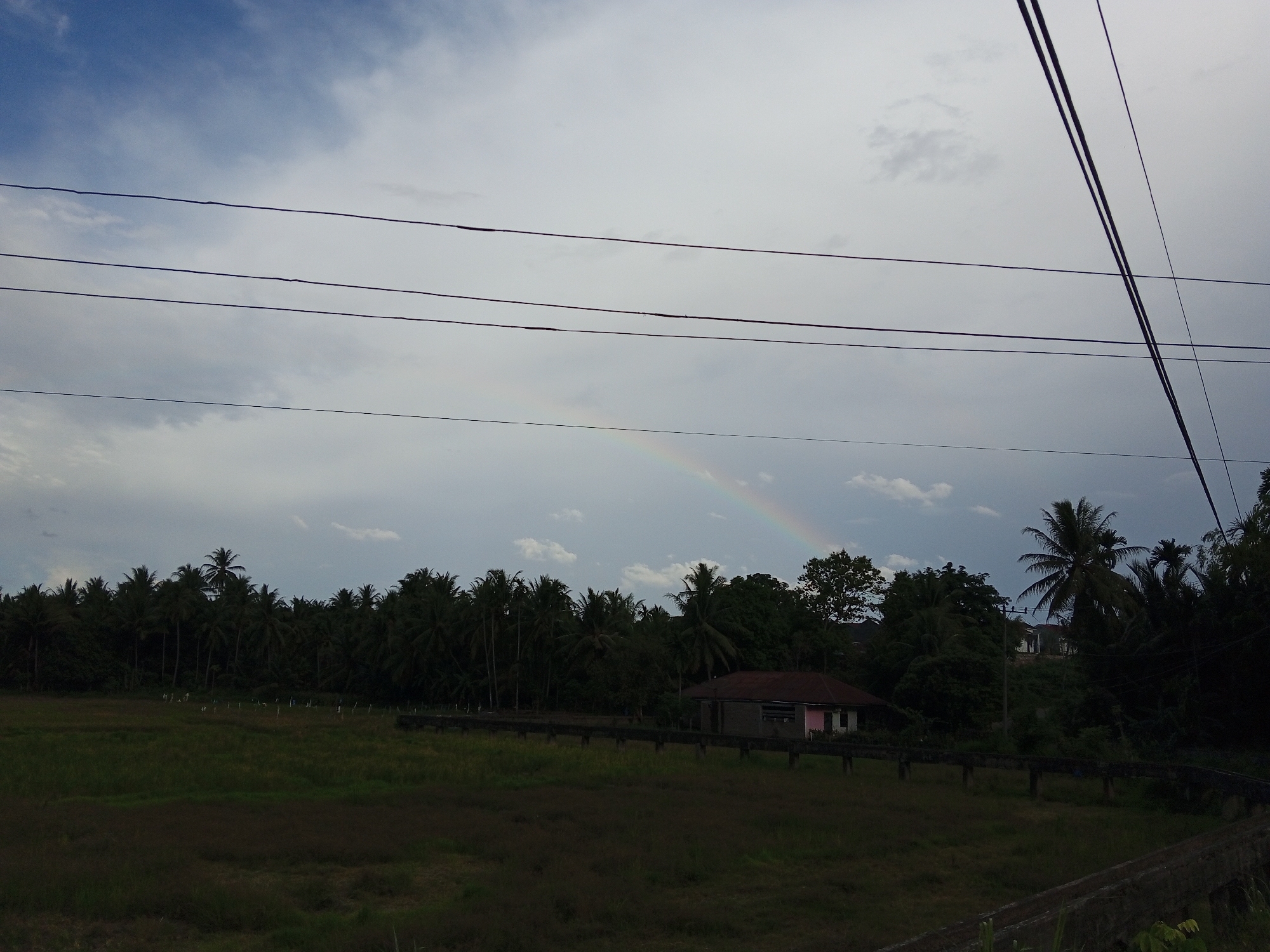 The scene depicts a rural area in Cotjrat, Indonesia, under a sky with a rainbow. The foreground features a dark field. A row of trees, primarily palms, lines the midground. A small house with a red roof is visible nestled among the trees. Power lines stretch across the upper part of the image. The overall lighting is subdued due to overcast skies.