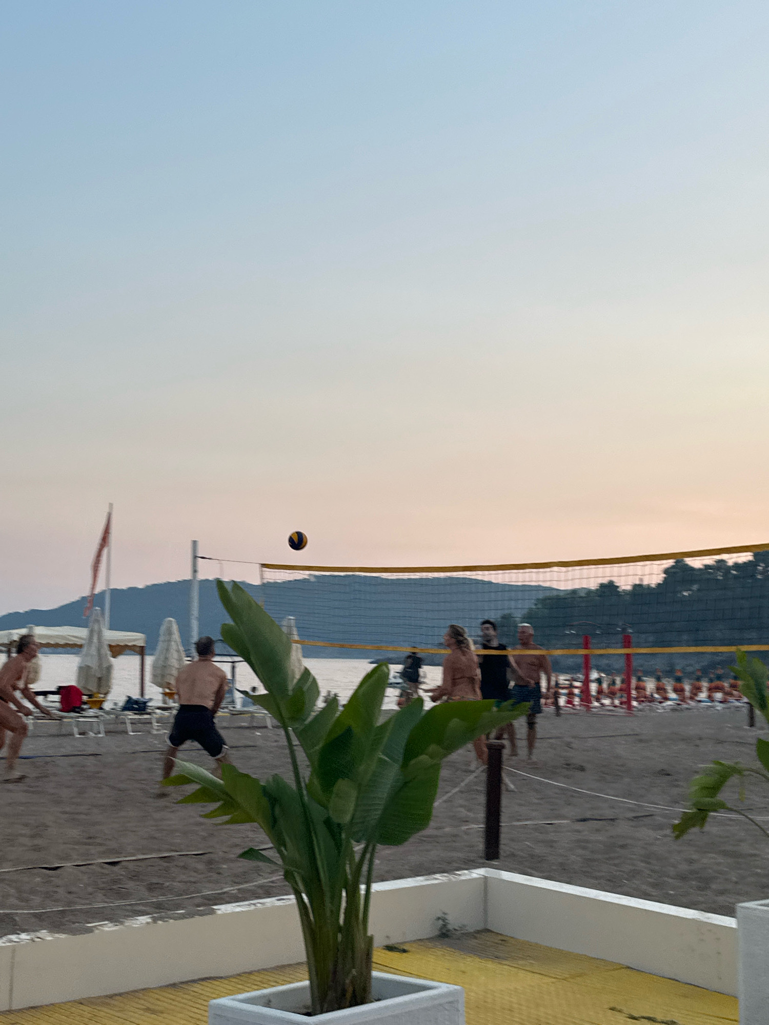 A group of people are playing beach volleyball on a sandy court in Boreti, Montenegro. The sky is a gradient of pale blue and pink, suggesting it is either dawn or dusk. The volleyball net is strung across the court, and a volleyball is visible in mid-air. Several players are in action, with some positioned on either side of the net. Beach chairs and umbrellas are set up in the background, along with a body of water that appears to be the sea. Lush green plants in foreground planters partially obscure the view of the court. The overall atmosphere is relaxed and recreational, indicative of a beach setting during leisure hours.