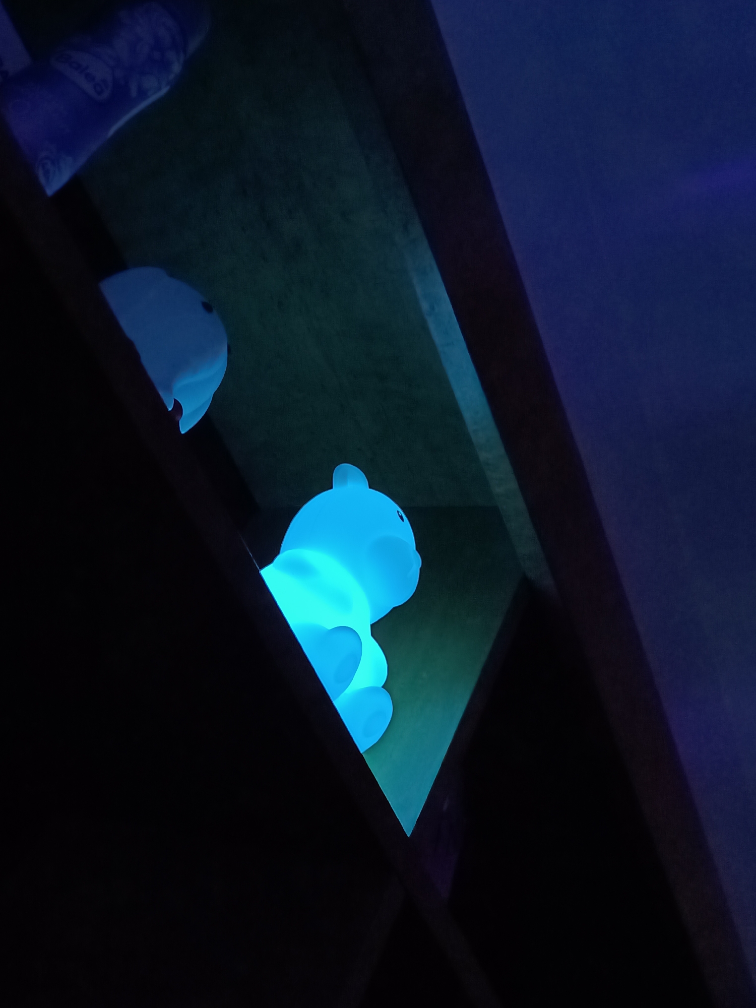 The image shows a dimly lit interior, likely a shelf unit, with a prominent blue glowing bear-shaped night light placed inside. Another smaller, similarly colored object, possibly another light, is visible on a higher shelf. A container, possibly a tube or bottle, sits on the uppermost shelf. The lighting is predominantly blue, contributing to a low-light ambiance. The overall environment suggests a residential setting, potentially a child's room. There is no information to suggest the location is in Cherkovitsa, Bulgaria. There are no people depicted in the image.