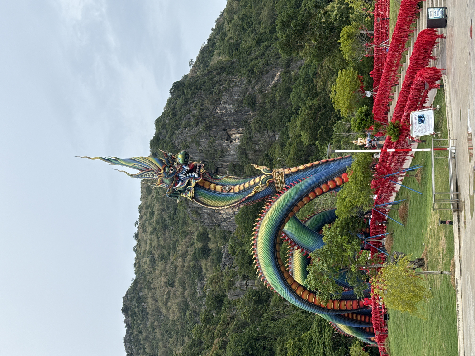 The image captures a massive, vibrant sculpture of a Naga, a mythical serpent-like creature, dominating the foreground. The Naga is depicted with a colorful, scaled body in shades of blue, green, yellow, and red, with intricate detailing on its head and crest. It appears to be coiled and curving, with its head raised high.
Behind the sculpture, lush green hills and rocky cliffs form a natural backdrop. The lower slopes are densely covered with trees. In the middle ground, a series of stairs leading up a grassy slope are adorned with numerous red ribbons tied to railings. Several trees are interspersed around the area, some with similar red ribbons tied to their branches. A few individuals, dressed in casual clothing, are visible near the stairs, appearing to be visitors. The sky above is overcast and pale.
The location is identified as the Wat Chaithararam, also known as the Big Naga Temple, in Cha-am, Thailand.