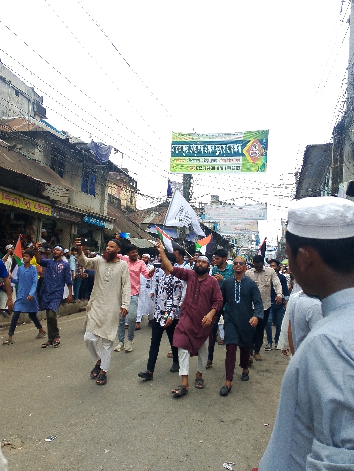 The image shows a crowd of people walking down a street in the city of Bhola, Bangladesh, at the coordinates 22.686 latitude and 90.644 longitude. The group is mostly male, dressed in traditional clothing. They are carrying flags and signs. The people are walking in a line, some are waving flags, and there are a few cars parked on the side of the street. The environment is characterized by low buildings, electrical wires, and a banner in the background. The banner appears to be advertising a local event.