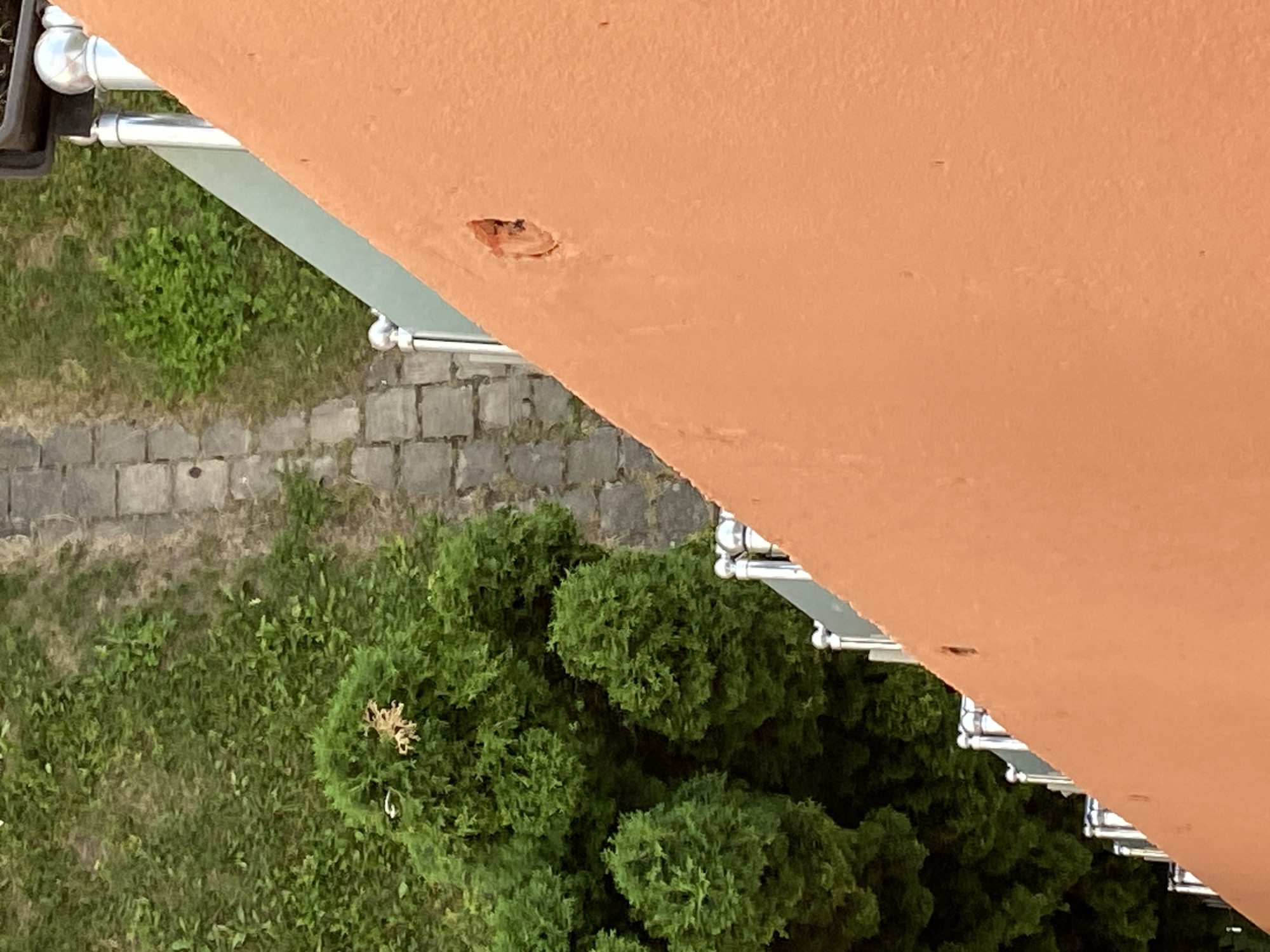An aerial, high-angle shot captures a section of an orange-colored wall with a visible hole. To the left of the wall, a paved pathway made of stone tiles is visible, bordered by a grassy area. Further left, dense, dark green foliage from bushes or trees fills the lower portion of the image. A metal railing with silver posts and horizontal bars runs along the top edge of the wall. The setting appears to be outdoors, with evidence of greenery and pavement suggesting a garden or park area within the city of Bílina, Czechia.