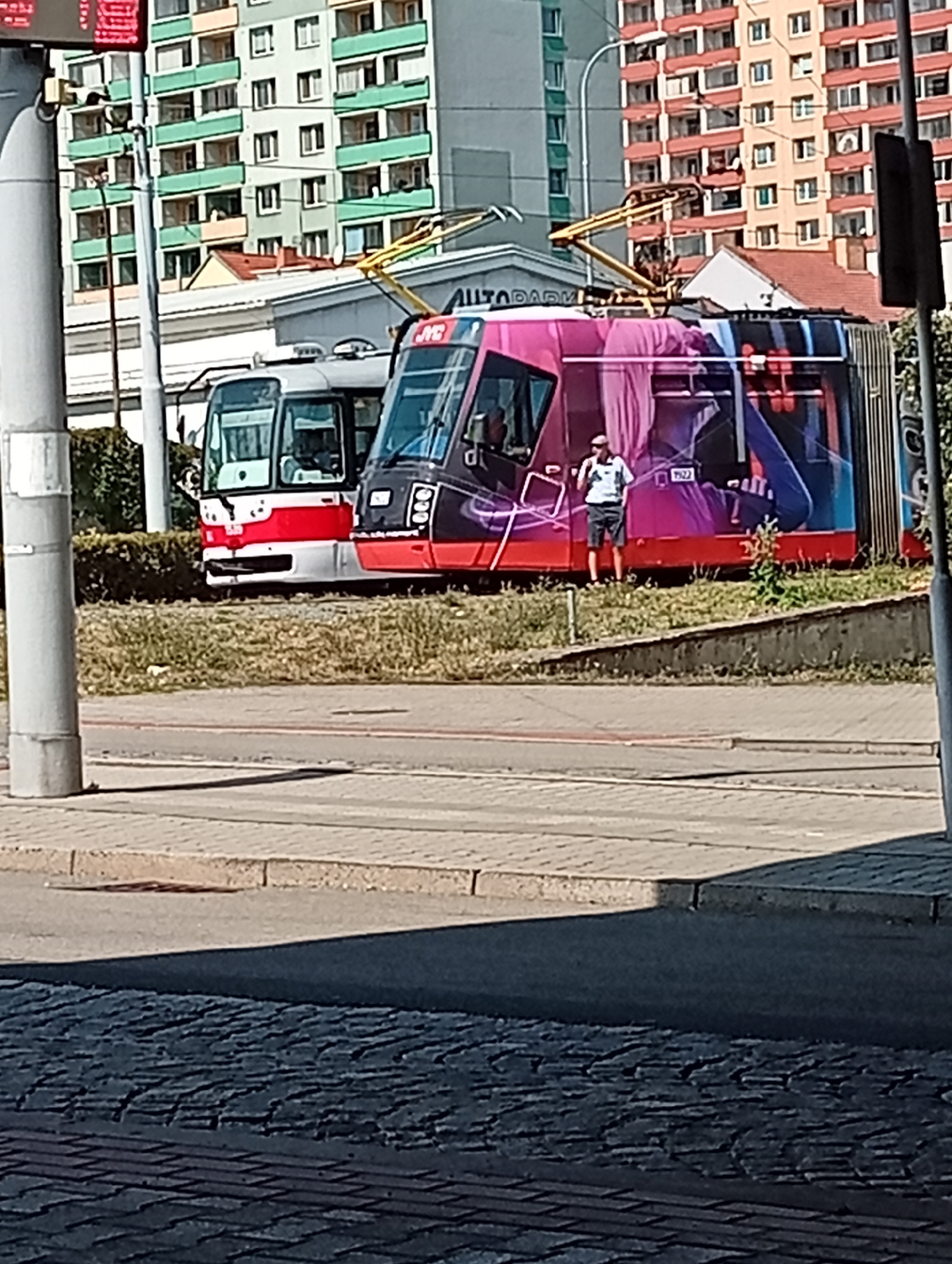 The image shows two trams at a tram stop in Brno, Czechia. The tram on the left is red and white, and the tram on the right is decorated with a colorful advertisement featuring abstract shapes and a person. A man wearing a light blue shirt and dark shorts is standing near the right tram, appearing to be taking a photograph or recording a video. Behind the trams, there are buildings, including a multi-story residential building with green and beige facades. The tram stop is lined with grass and there is a paved area in the foreground. The image appears to have been taken on a sunny day. The location is identified as Brno based on the presence of trams and buildings characteristic of the city.