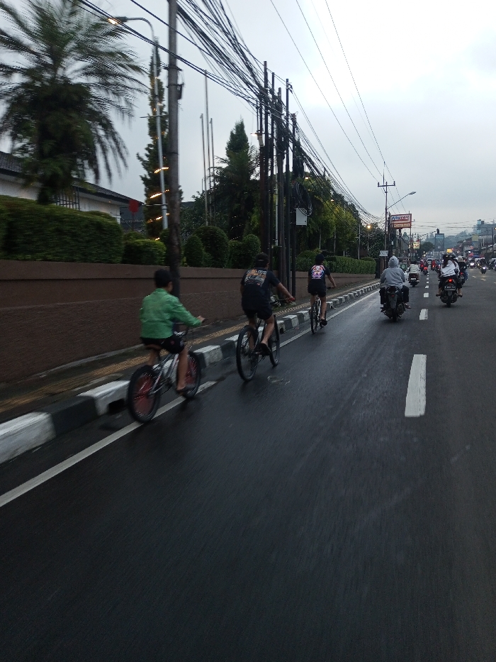 The image depicts a street scene in Dawathang_Dorjibi_ Kashingtsawa, Bhutan, under an overcast sky. The asphalt road surface is wet, suggesting recent precipitation.
In the foreground, three individuals are riding bicycles on the left side of the road, adjacent to a black and white striped curb. The leftmost cyclist wears a green long-sleeved shirt and dark shorts, riding a bicycle with red wheel rims. The second cyclist, positioned slightly to their right and behind, wears a black t-shirt with a graphic design and dark shorts, riding a black bicycle. The third cyclist, further to the right and slightly behind, also wears a dark t-shirt with a graphic and dark shorts, riding a black bicycle.
Further down the road, to the right of the cyclists, two motorcyclists are visible. The first motorcyclist wears a grey hooded garment and dark trousers. The second, further back, wears a light-colored jacket. Additional motorcycles and vehicles are discernible in the distance.
On the left side of the frame, a raised embankment features a brown retaining wall topped with trimmed green bushes. Behind the foliage, a building with a white facade and dark roof is partially visible. Several tall palm trees and evergreen trees populate this area. A prominent utility pole with a dense network of overhead wires stands near the curb, with additional poles and wires extending into the background on the right. Decorative lights are visible on a vertical element behind the primary utility pole on the left.
In the mid-ground on the right, a street light fixture is visible, along with a commercial sign displaying the name "ALFAMART." The background shows hilly terrain with scattered trees and structures, receding under the uniform grey sky.