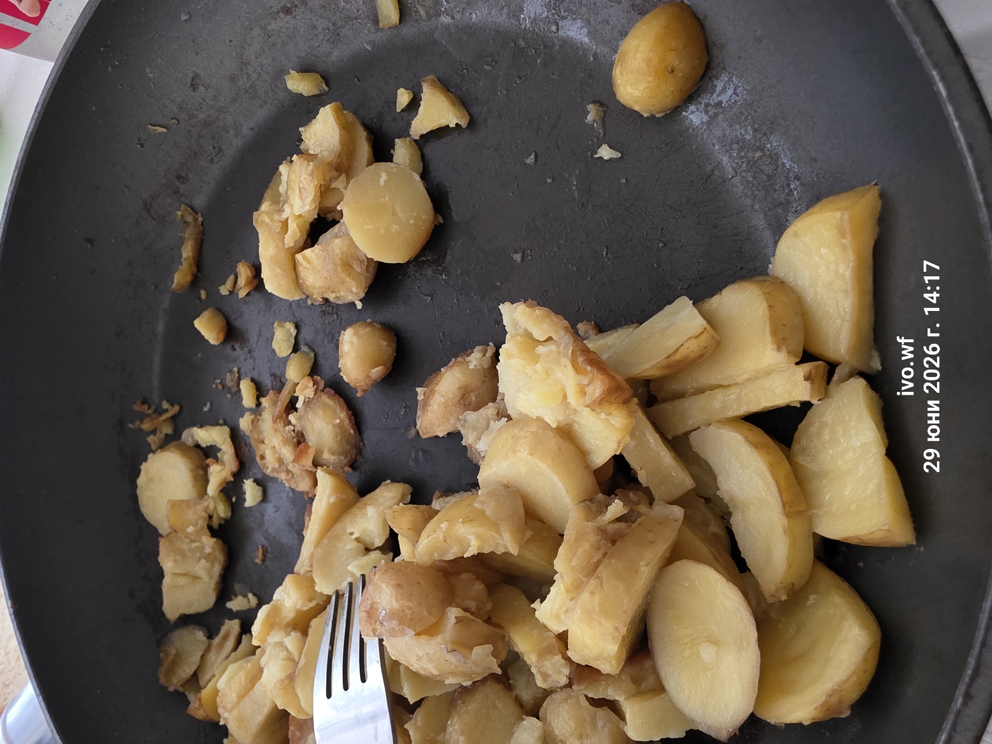 A close-up, overhead shot shows a black frying pan filled with roughly chopped, golden-brown fried potatoes. A silver fork is partially submerged in the potatoes on the left side of the pan. The potatoes vary in size and shape, with some appearing round and whole, while others are irregular chunks. Some pieces have crisp, browned edges, indicating they have been fried. The pan's surface appears slightly oily. The background is blurred, but suggests an indoor setting with hints of light colors. A timestamp "ivo.wf 29 юни 2026 г. 14:17" is superimposed in the bottom right corner, indicating the image was taken on June 29, 2026, at 2:17 PM. There is no discernible information about the city of Chal, Bulgaria.