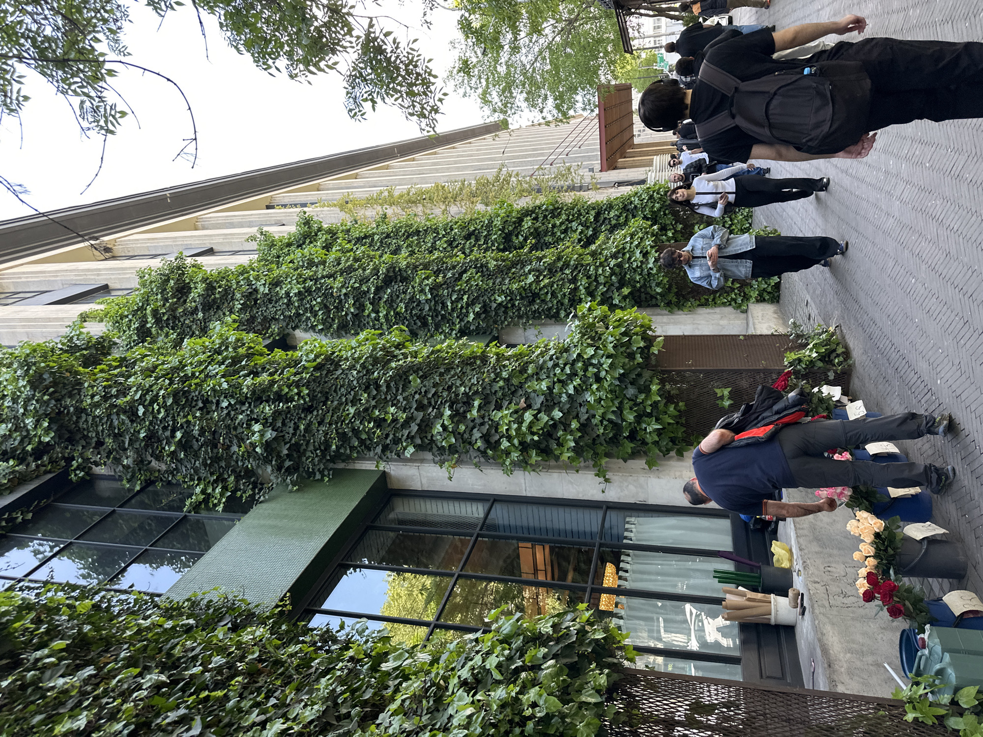 The image shows a street scene in Tbilisi, Georgia, with a building covered in ivy on the left. People are walking along the sidewalk. A man is standing and arranging flowers at a stand in front of the building. The building has large windows with black frames, and a green tiled section above one of the windows. The sidewalk is paved with gray bricks. There are trees and foliage visible in the background. A man wearing headphones and a backpack is walking on the sidewalk. Other people are passing by the building. Buckets of flowers are on the ground.