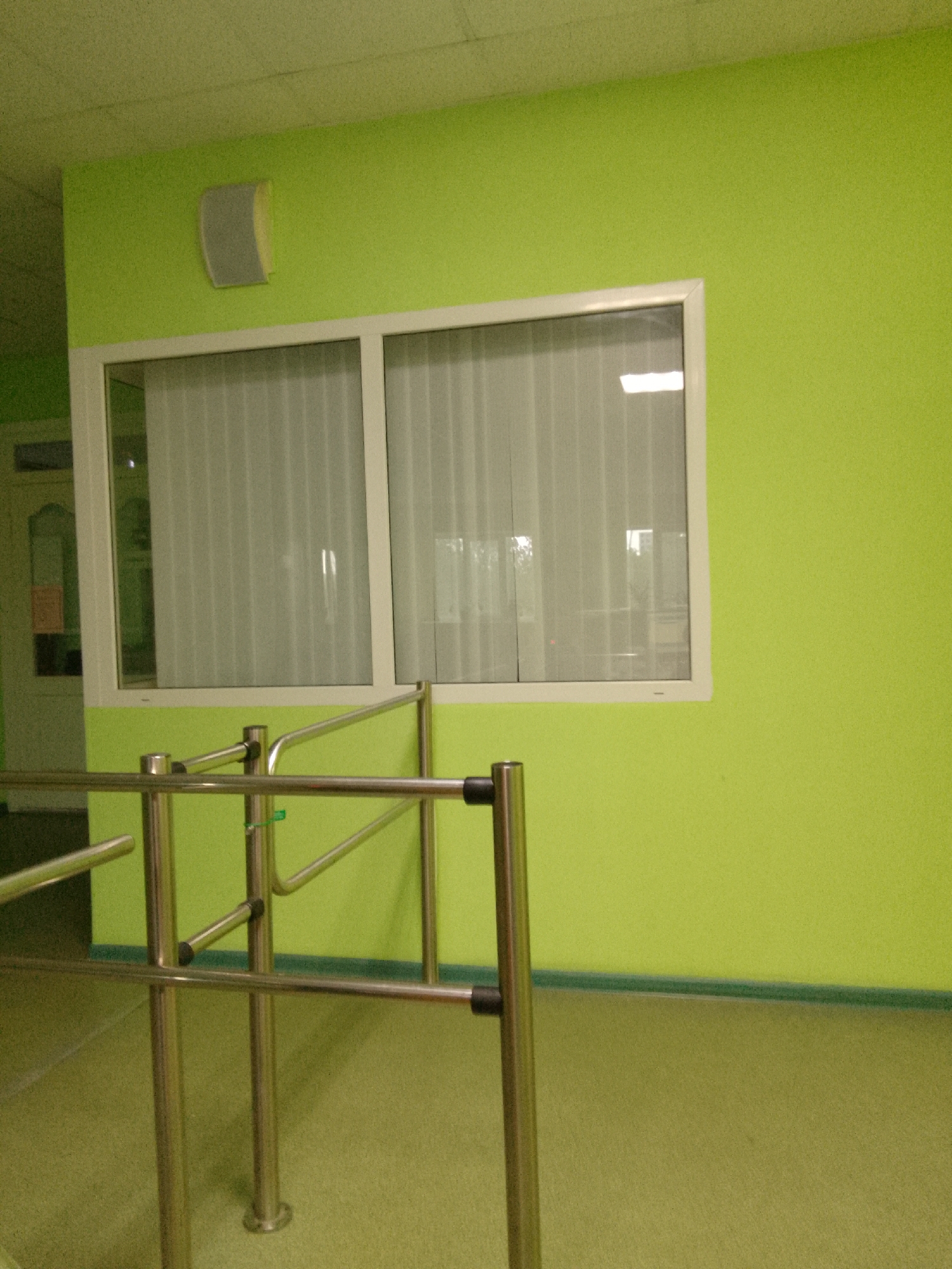The image depicts an interior scene, likely a public space or facility, characterized by a vibrant lime green wall. A large, white-framed window with vertical white blinds is centrally located on this wall. Above the window, a light grey, curved speaker is mounted. In the foreground, a series of polished metal railings, typical of a queuing system or safety barrier, are visible. These railings are supported by vertical posts. The floor is covered in a light green carpet or linoleum. A glimpse of a door with a sign on it can be seen to the left, through a partially open doorway in the background. The lighting appears to be fluorescent, consistent with an indoor environment. There are no people or animals present in the image. The scene is sterile and functional. This image does not contain any specific landmarks or features that would allow for a precise location within the city of Khabarovsk, Russia.