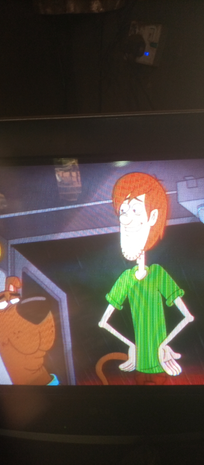 Shaggy Rogers and Scooby-Doo from the Scooby-Doo cartoon series are depicted in an indoor scene. Shaggy stands on the right, sporting his usual green shirt and orange hair. His hands are on his hips. Scooby-Doo is visible on the left, only partially shown. The background suggests an enclosed space, possibly within a vehicle.