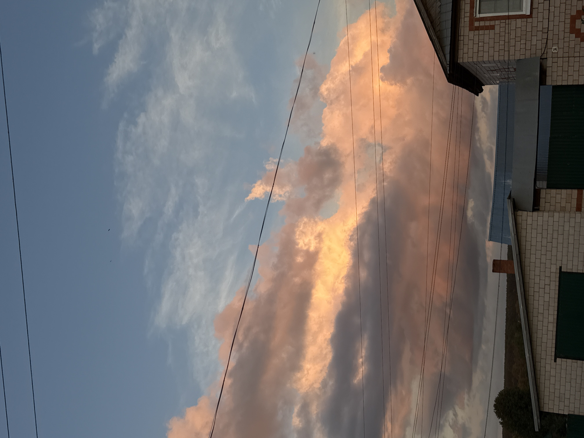 The image depicts a sky filled with dramatic, illuminated clouds in shades of pink and orange, characteristic of a sunset or sunrise. These clouds are crossed by several thin black wires, presumably power lines. In the lower part of the frame, the roofs and upper sections of buildings are visible, including a brick structure with a window and a pitched roof, and a section of a lighter-colored building with a metal roof. The landscape behind the buildings appears to be a treeline or wooded area, suggesting a location on the outskirts of a populated area, possibly within or near the city of Bolshaya Ucha, Russia, given the architectural style and natural surroundings. There are no people or animals visible in the scene.