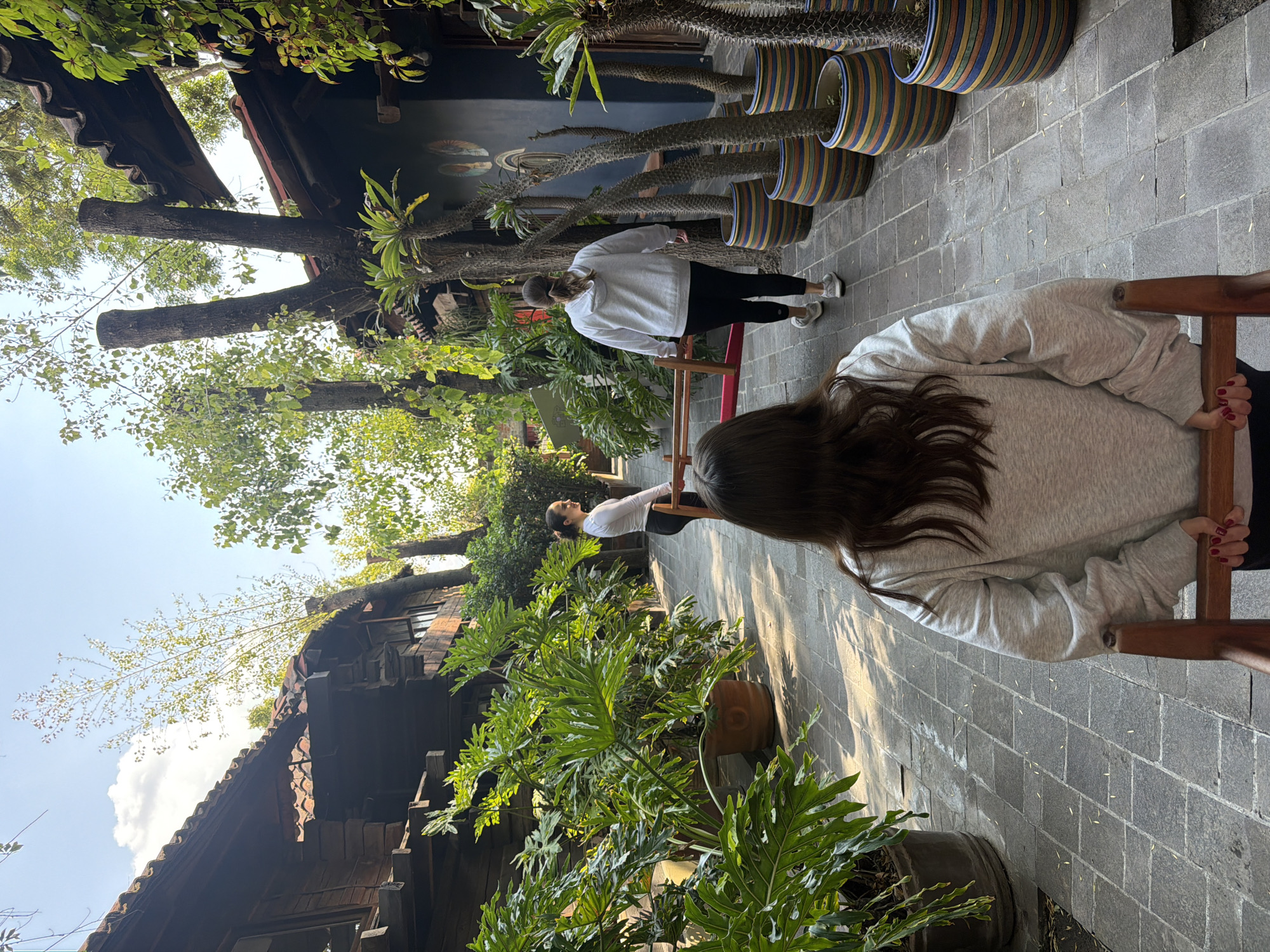 The image shows an outdoor scene in what appears to be a courtyard or patio. A woman with dark hair, wearing a light gray sweater, is sitting in a wooden chair with her back to the camera. Her hands are resting on the chair. Another person wearing a white long-sleeved shirt and black pants is standing. A third person, wearing a white long-sleeved shirt, is standing further down the patio. The ground is paved with rectangular stones. There are several large potted plants, with large, green, leafy foliage. To the right of the frame, are many trees in vertically striped pots. A building is visible on the left side of the frame, with a dark wooden exterior and a tiled roof. The other side features a dark exterior, with windows and what appears to be some sort of decoration on the wall. The scene is set in Puebla, Mexico. The lighting suggests it is daytime.