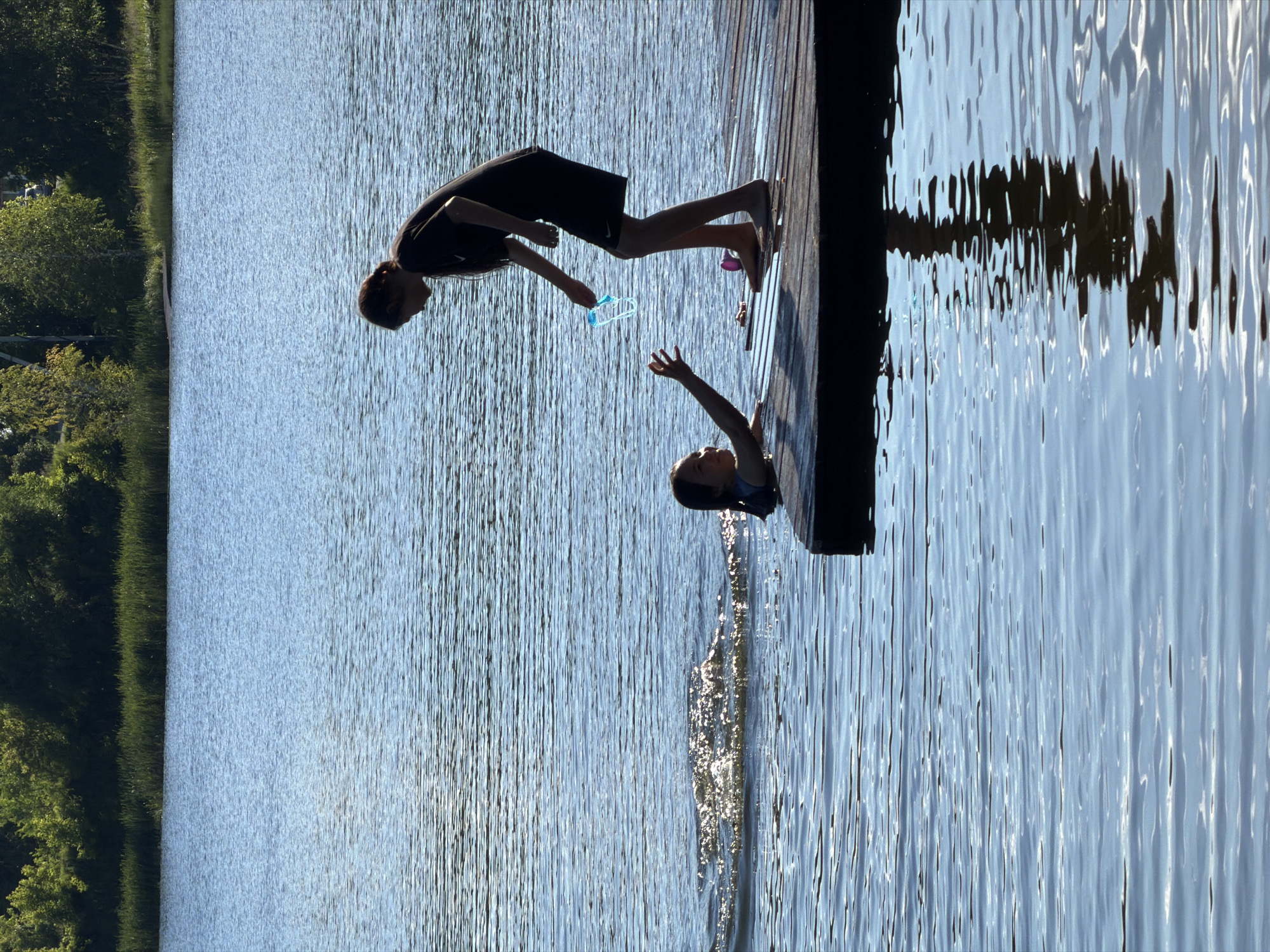 Two young people are interacting on a wooden dock next to a body of water. The image is oriented vertically, with the dock and one person in the foreground, and the water and the second person in the background, appearing to be in the water.
The person on the dock is wearing dark clothing, possibly shorts and a t-shirt, and is leaning over the edge. They are holding a small, light-colored object, perhaps a toy or a water squirter, and extending it towards the water. Their posture suggests they are actively engaged with the person in the water.
The second person is partially submerged in the water, reaching up towards the dock with their arms. Their head is visible, and they appear to be looking up at the person on the dock. Their pose indicates they are trying to receive the object or interact with the person above.
The setting appears to be a sunny day, with the water reflecting the light and creating ripples. The background shows a shoreline with trees and grass, suggesting an outdoor, natural environment like a lake or a pond. The lighting suggests it is daytime, likely late afternoon due to the angle of the sun and the reflections on the water. The overall mood seems playful and interactive, with a sense of fun and connection between the two individuals. There is no visible text in the image.