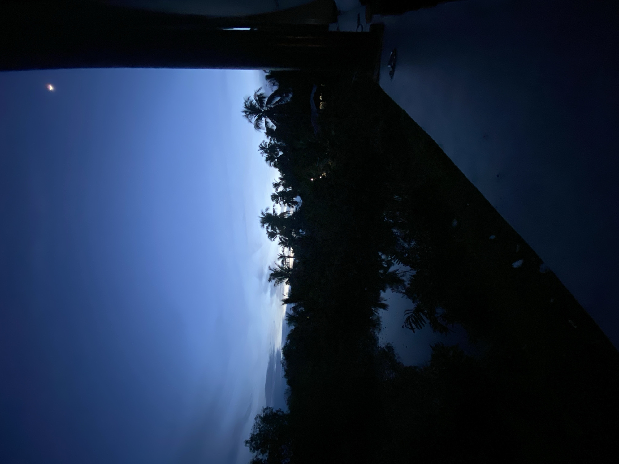 The image shows a dark twilight scene with silhouettes of palm trees against a blue and light blue sky. A small crescent moon is visible. The location appears to be near water, with reflections of the trees visible. The scene is likely located in Keudeublang, Indonesia, indicated in the prompt. The overall impression is of a quiet, nighttime tropical environment.
