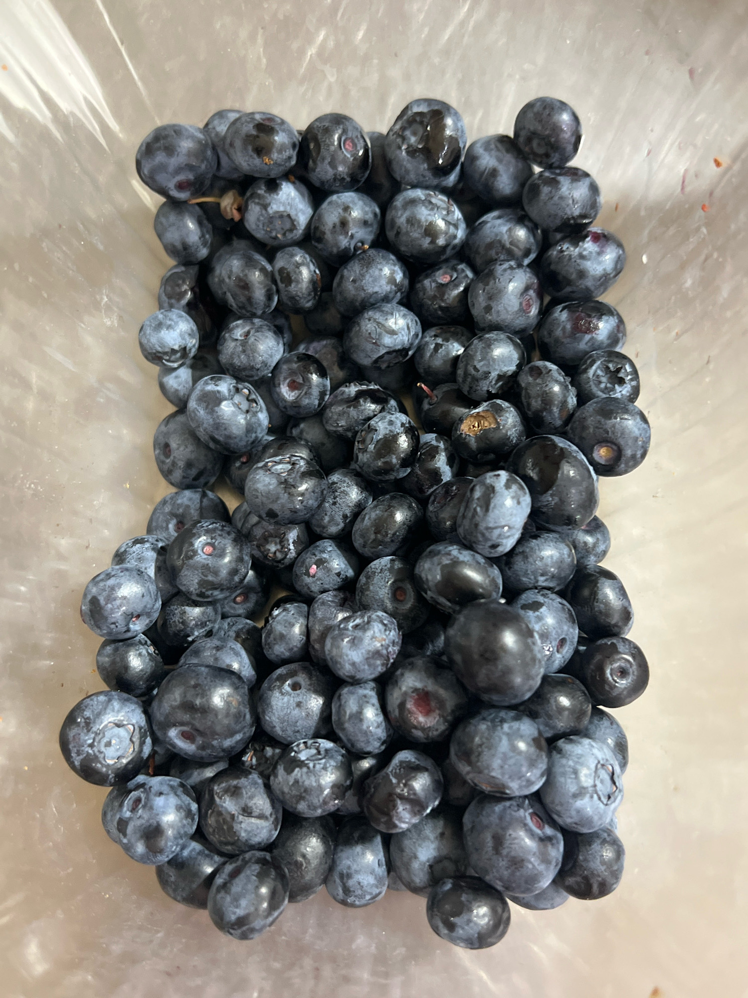 A close-up, overhead shot shows a pile of blueberries inside a clear plastic container. The blueberries are dark blue with a powdery bloom and vary in size. Some are perfectly round, while others are slightly irregular. A few have a small, reddish stem still attached. The container's clear sides are visible, with reflections and light glare distorting some areas. The background is a neutral, light-colored surface. The image is a still life composition.