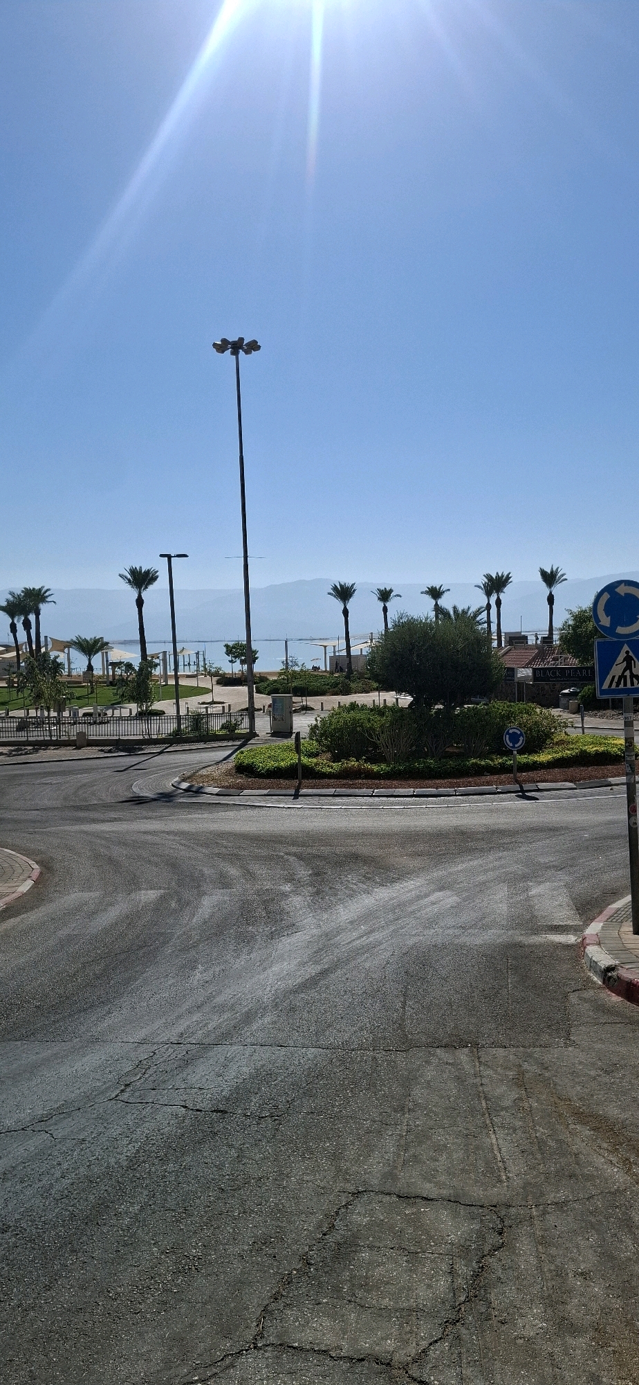 The image depicts a street scene in Tamar Regional Council, Israel, on a clear day with bright sunlight. In the foreground, a cracked asphalt road curves to the left and right. Beyond the road, a circular island with green bushes and a small tree is visible. A roundabout sign and a pedestrian crossing sign are posted on the right side of the island. In the middle ground, palm trees line a paved walkway, leading to a body of water, likely the Dead Sea, in the background. Mountains form the distant horizon. A tall lamppost stands prominently on the left side of the frame, and another shorter lamppost is visible near the palm trees. Buildings, including one with a sign that reads "BLACK PEARL," are situated along the waterfront. The overall environment appears to be a well-maintained public area with elements of urban infrastructure and natural scenery. No people are clearly visible in the frame.