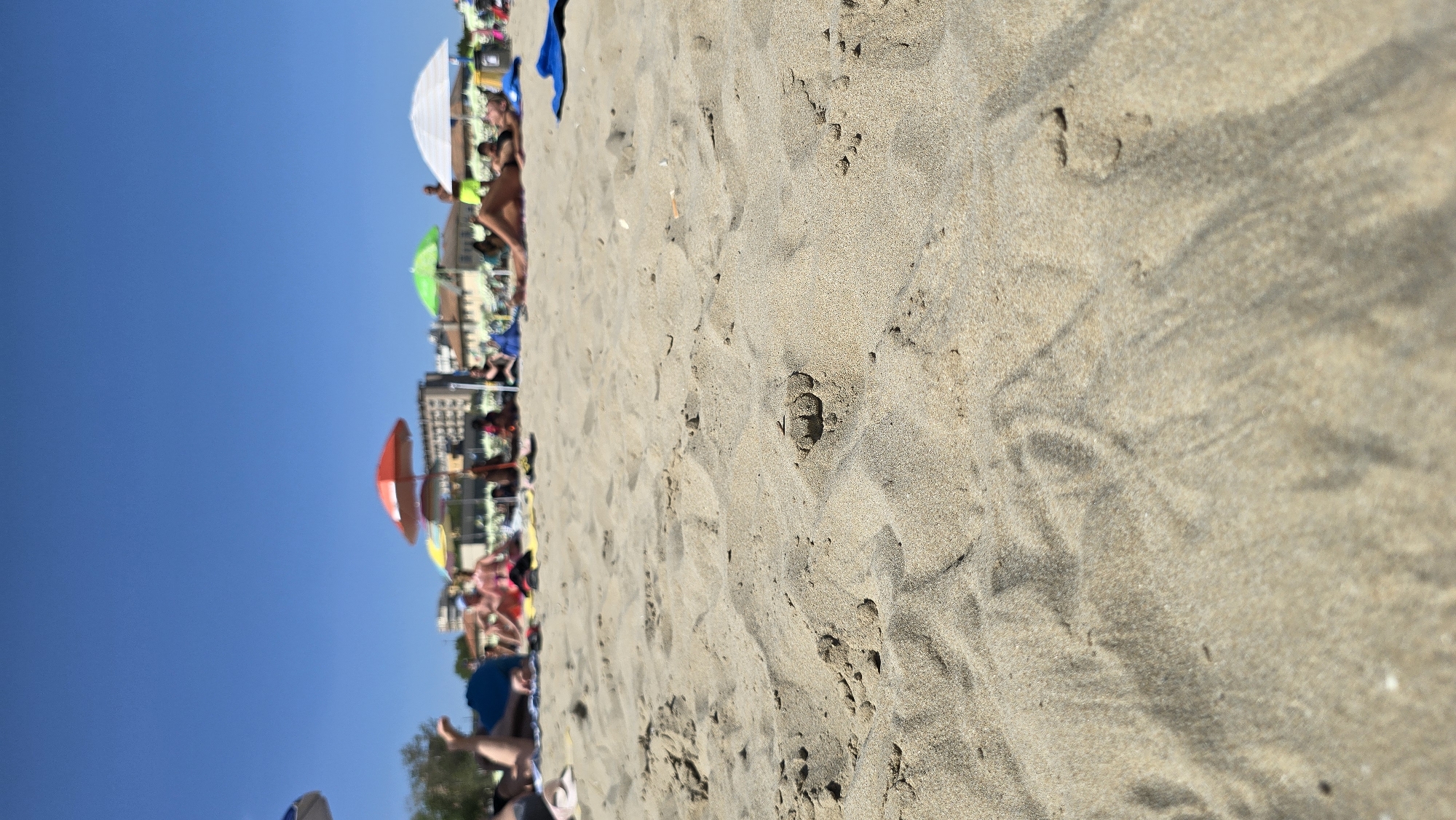 This is a close-up shot of sand on a beach, with people and umbrellas in the background. The perspective is very low, close to the ground, emphasizing the texture of the sand. In the distance, several people are seen relaxing under beach umbrellas, with some buildings visible beyond them. The sky is clear and blue. The overall scene depicts a sunny day at a beach resort. This appears to be a typical scene from one of Rimini's many beaches.