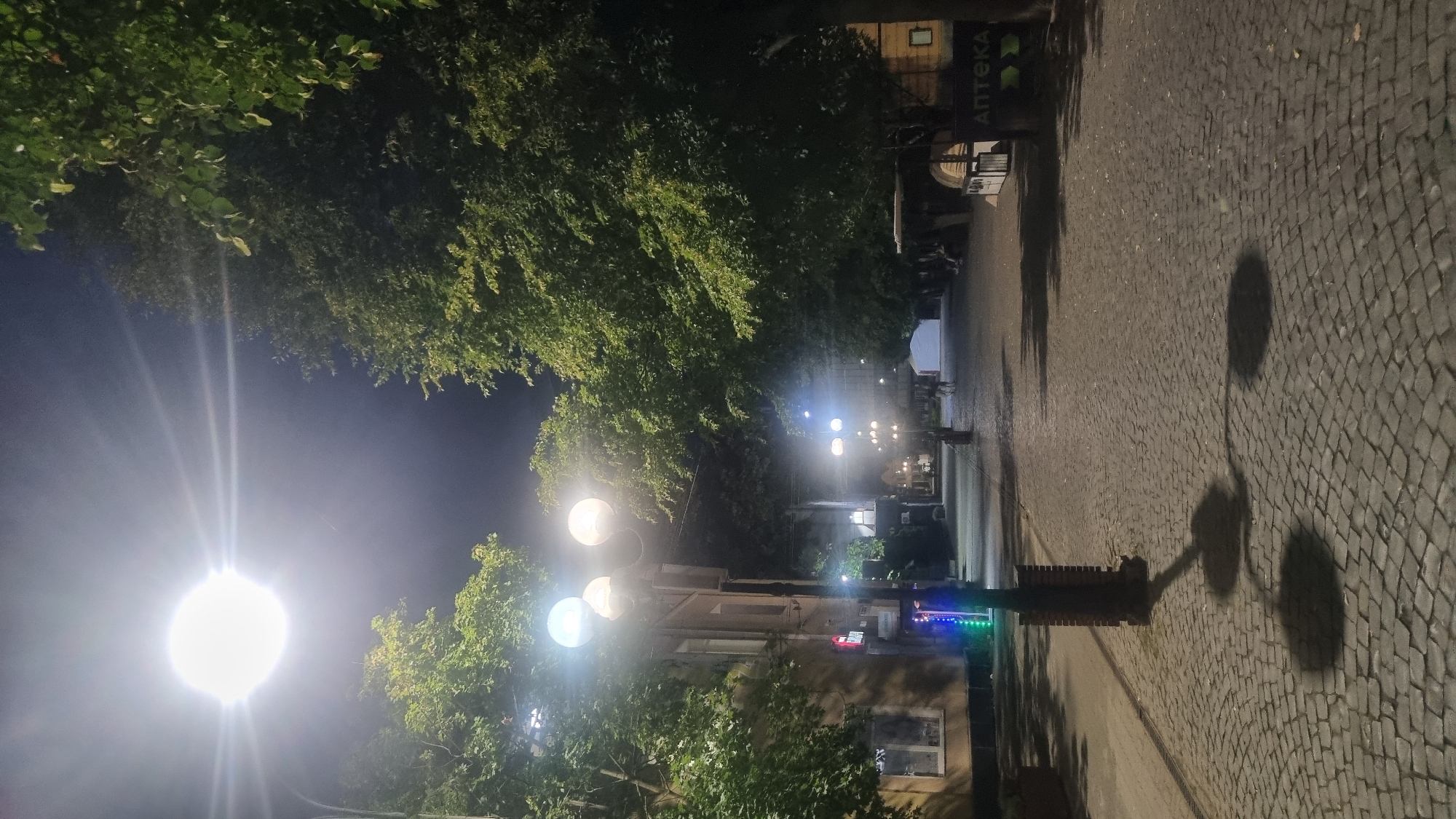 This is a nighttime photograph of a cobblestone street lined with trees and buildings. A street lamp with multiple globes illuminates the foreground, casting shadows on the ground. The street appears to be in a city, likely Berehove, Ukraine, given the Cyrillic signage that reads "АПТЕКА" (Apteka), meaning "pharmacy." There are a few people and dogs visible in the distance, as well as a white tent structure. The atmosphere is serene and quiet, suggesting a calm evening.