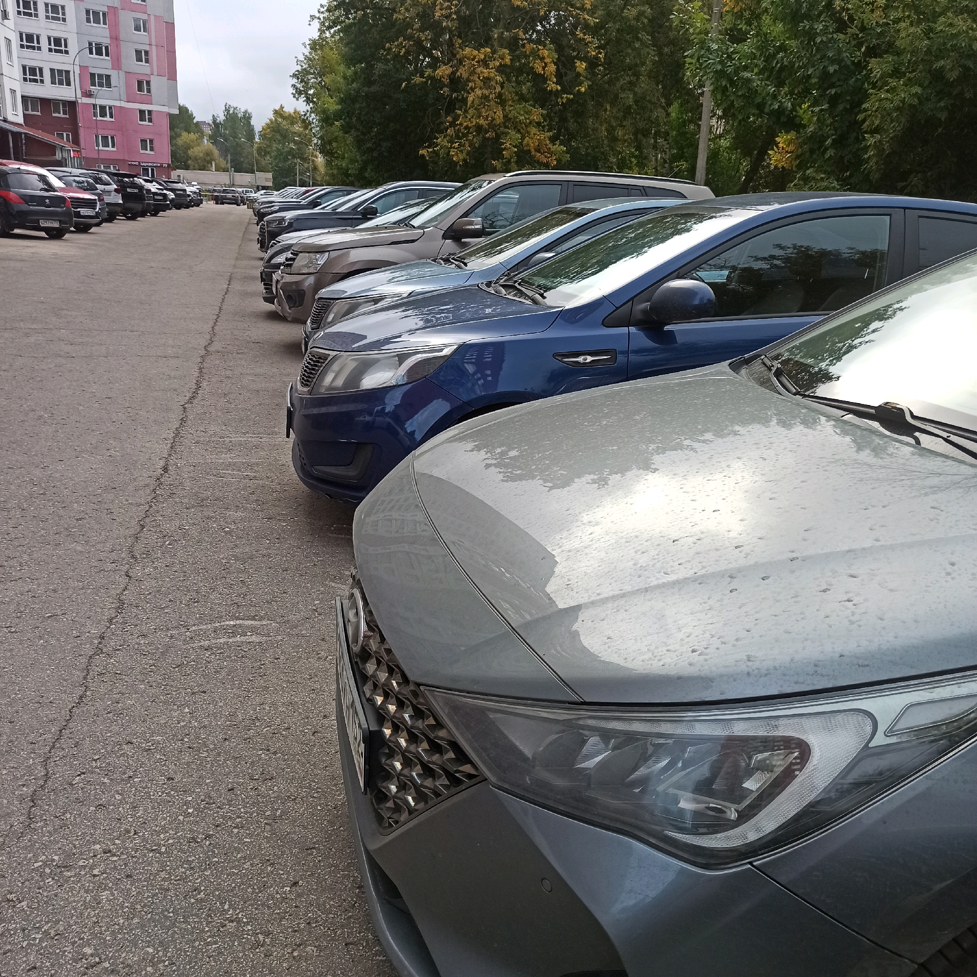 A row of parked cars is visible in what appears to be a parking lot in Nizhny Novgorod, Russia. The cars are lined up on an asphalt surface with visible cracks. In the background, a multi-story building with pink and white accents and multiple windows stands to the left, while trees with green and some yellowing foliage are present to the right, suggesting an autumn season. The sky is overcast. The foreground is dominated by the front of a silver car, showing its hood, headlight, and grille. Behind it, a blue car is partially visible. Further down the line, other cars, including SUVs, can be seen. There are no people visible in the image.